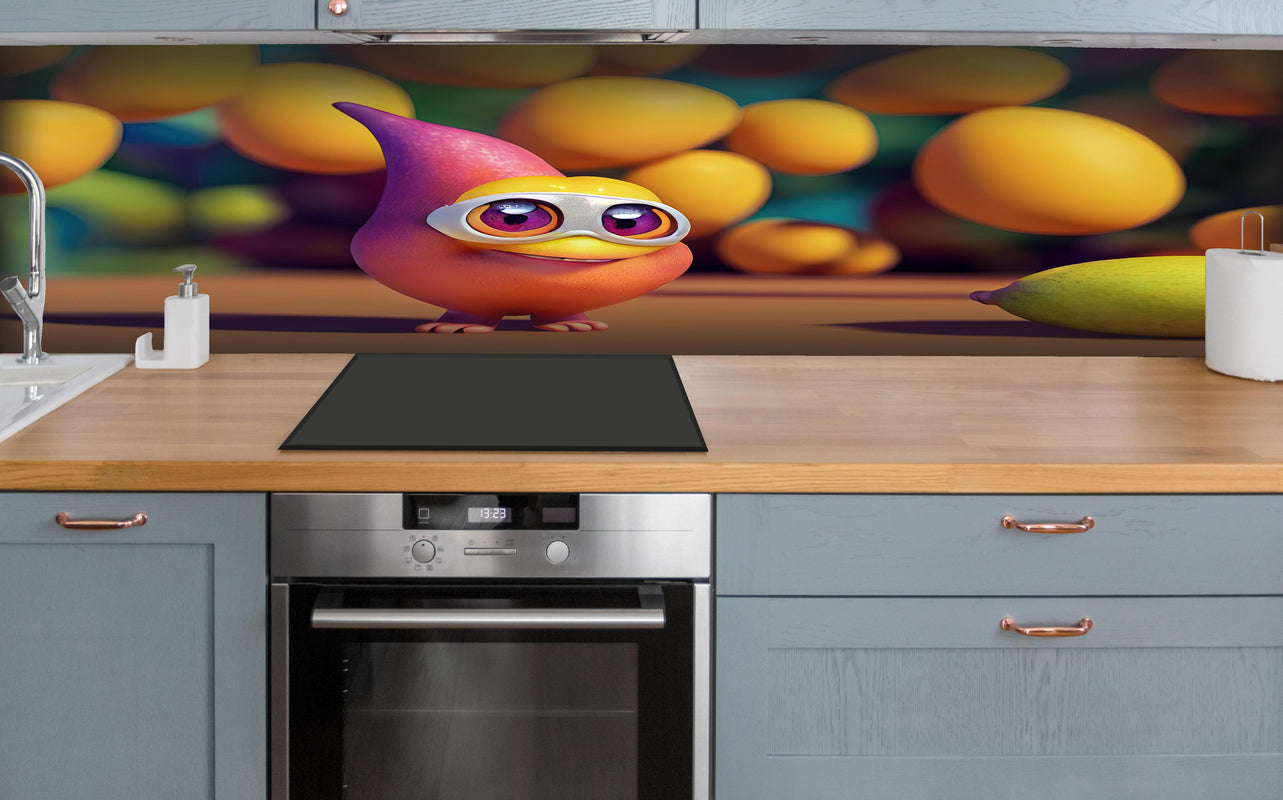 Küche - Cartoon Mangos hinter weißen Hochglanz-Küchenregalen und schwarzem Wasserhahn