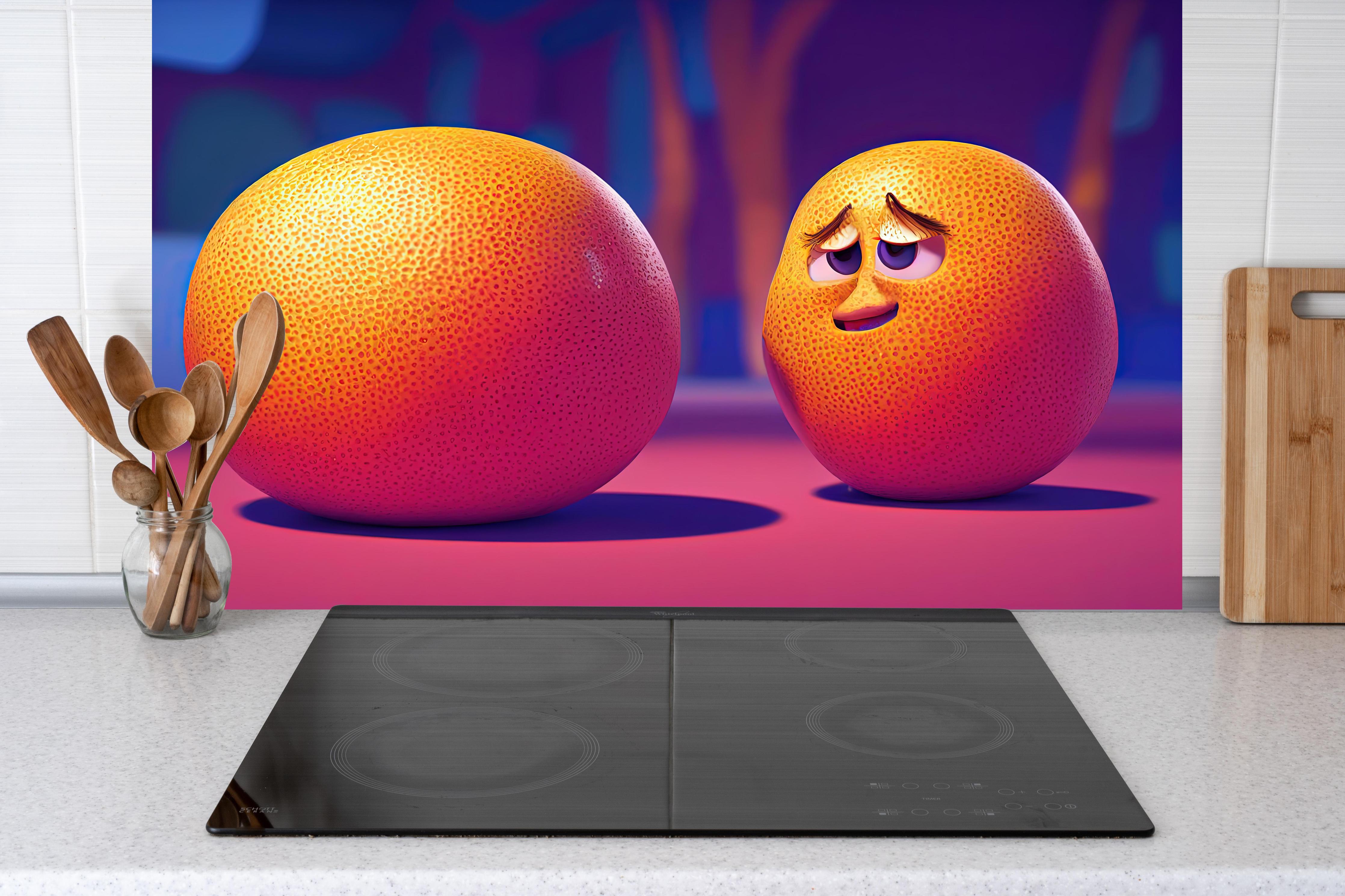 Küche - Cartoon Orangen hinter weißen Hochglanz-Küchenregalen und schwarzem Wasserhahn