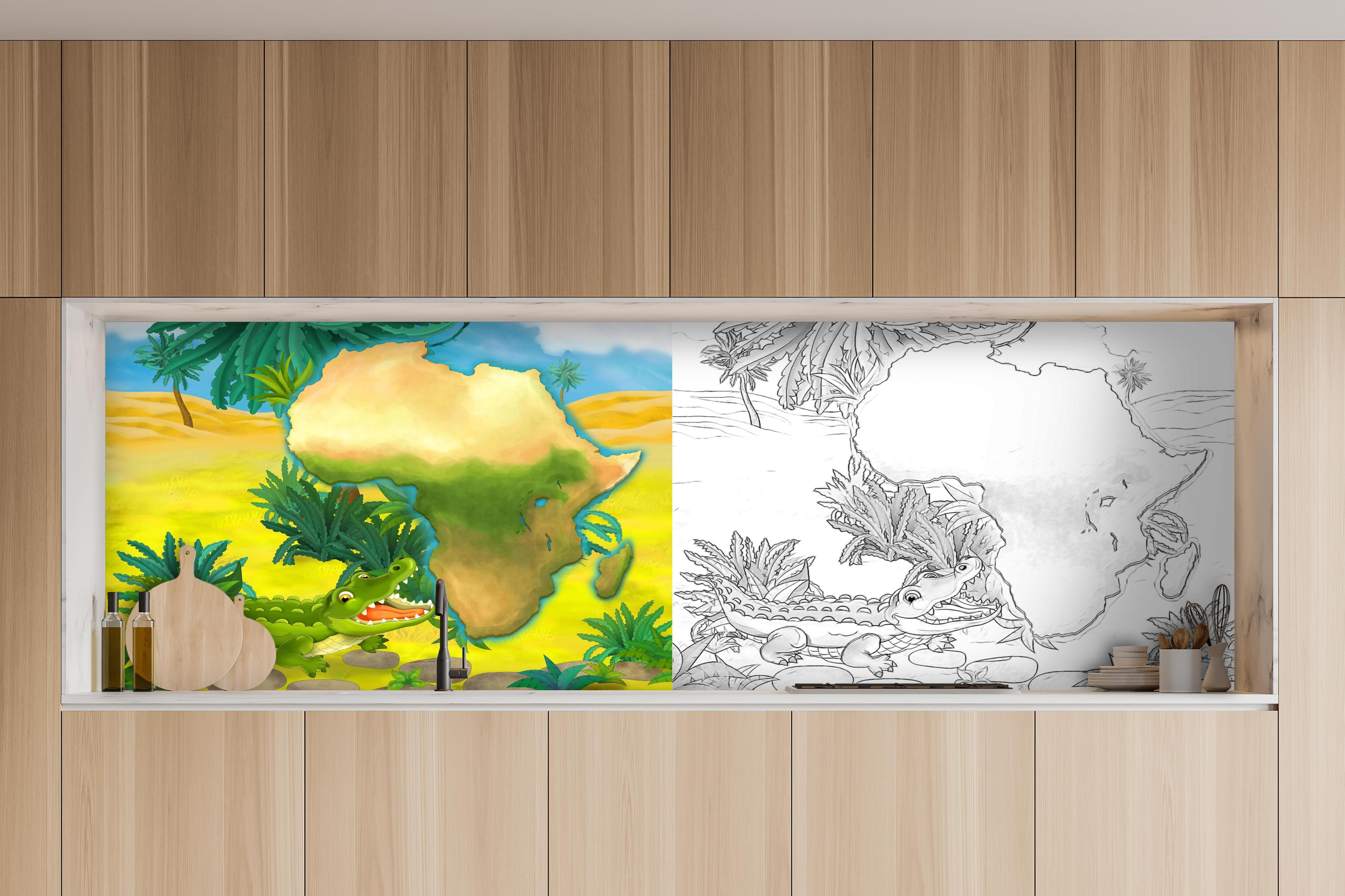 Küche - Cartoon Skizze eines Krokodils hinter weißen Hochglanz-Küchenregalen und schwarzem Wasserhahn