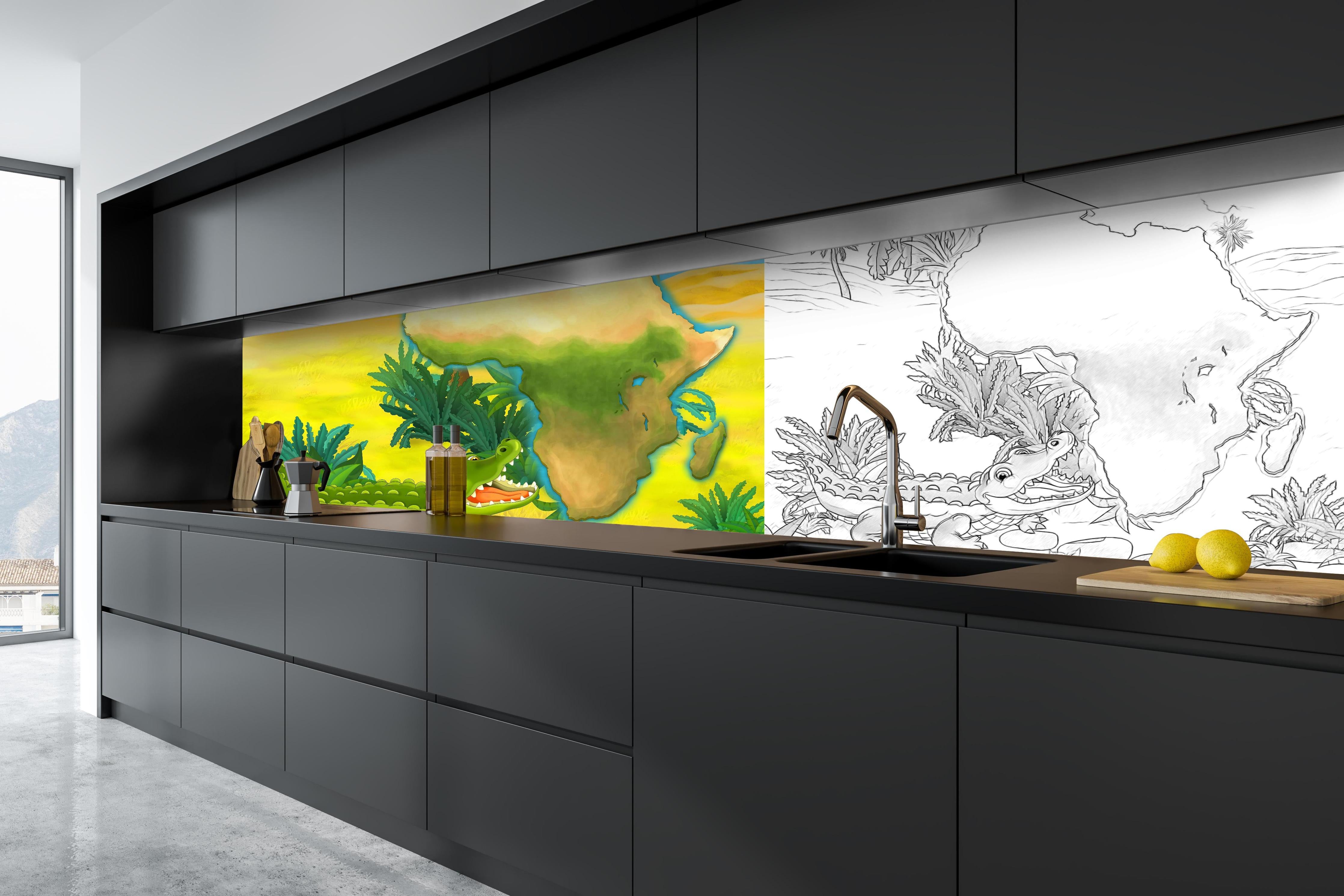 Küche - Cartoon Skizze eines Krokodils hinter weißen Hochglanz-Küchenregalen und schwarzem Wasserhahn