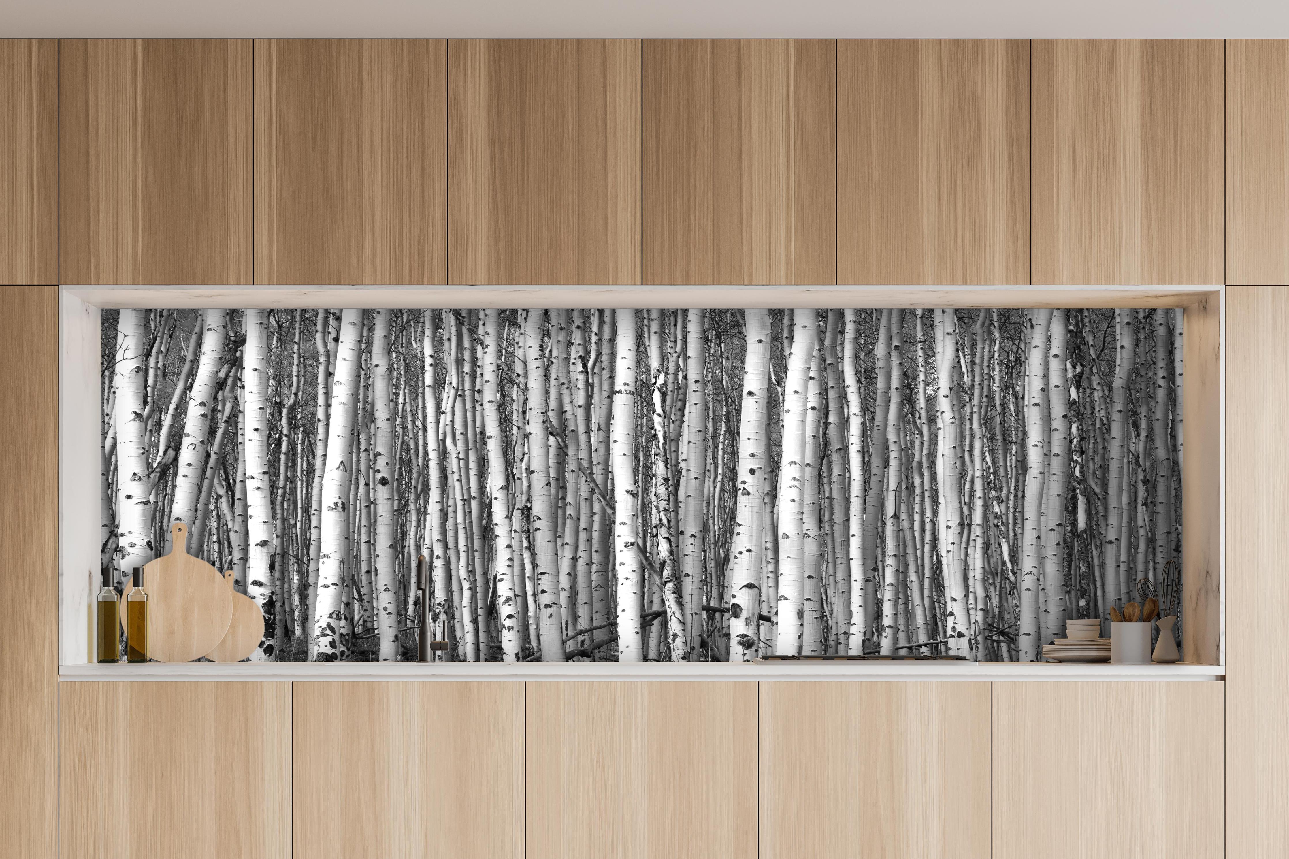 Küche - Detaillierte Schwarz-Weiß Baumsilhouetten hinter weißen Hochglanz-Küchenregalen und schwarzem Wasserhahn