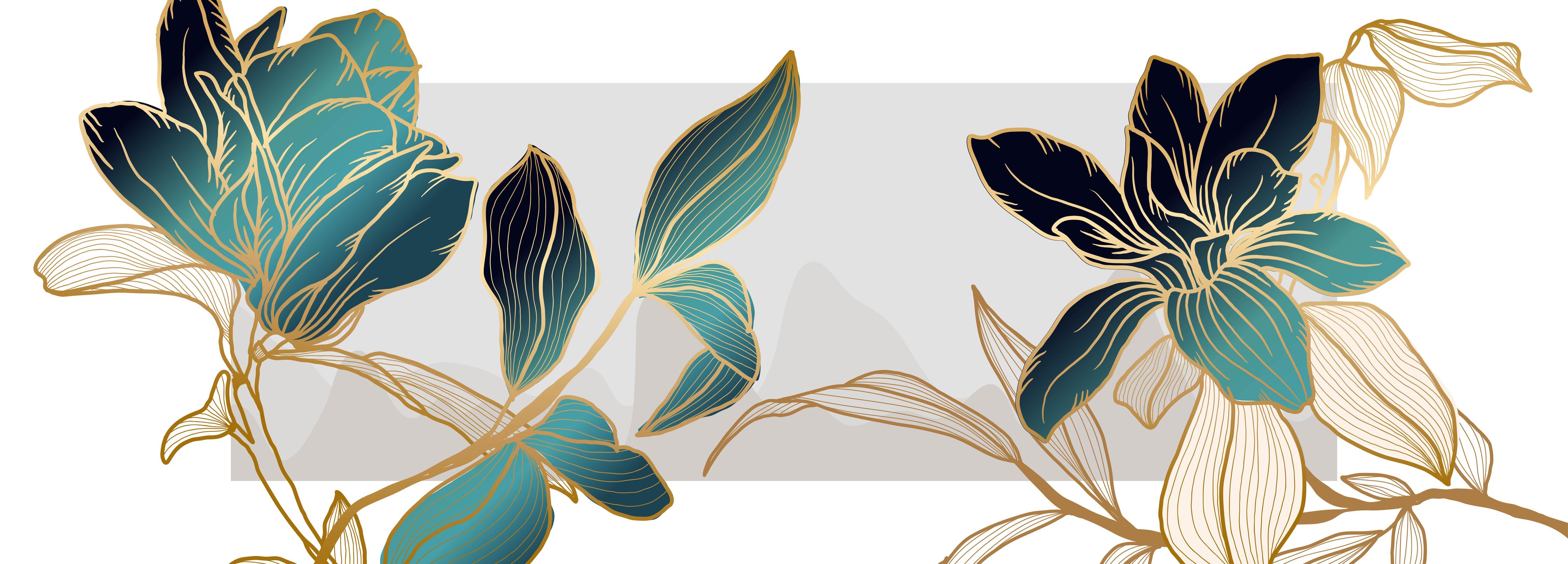 Küchenrückwand-Elegante Blüten in Gold und Blautönen