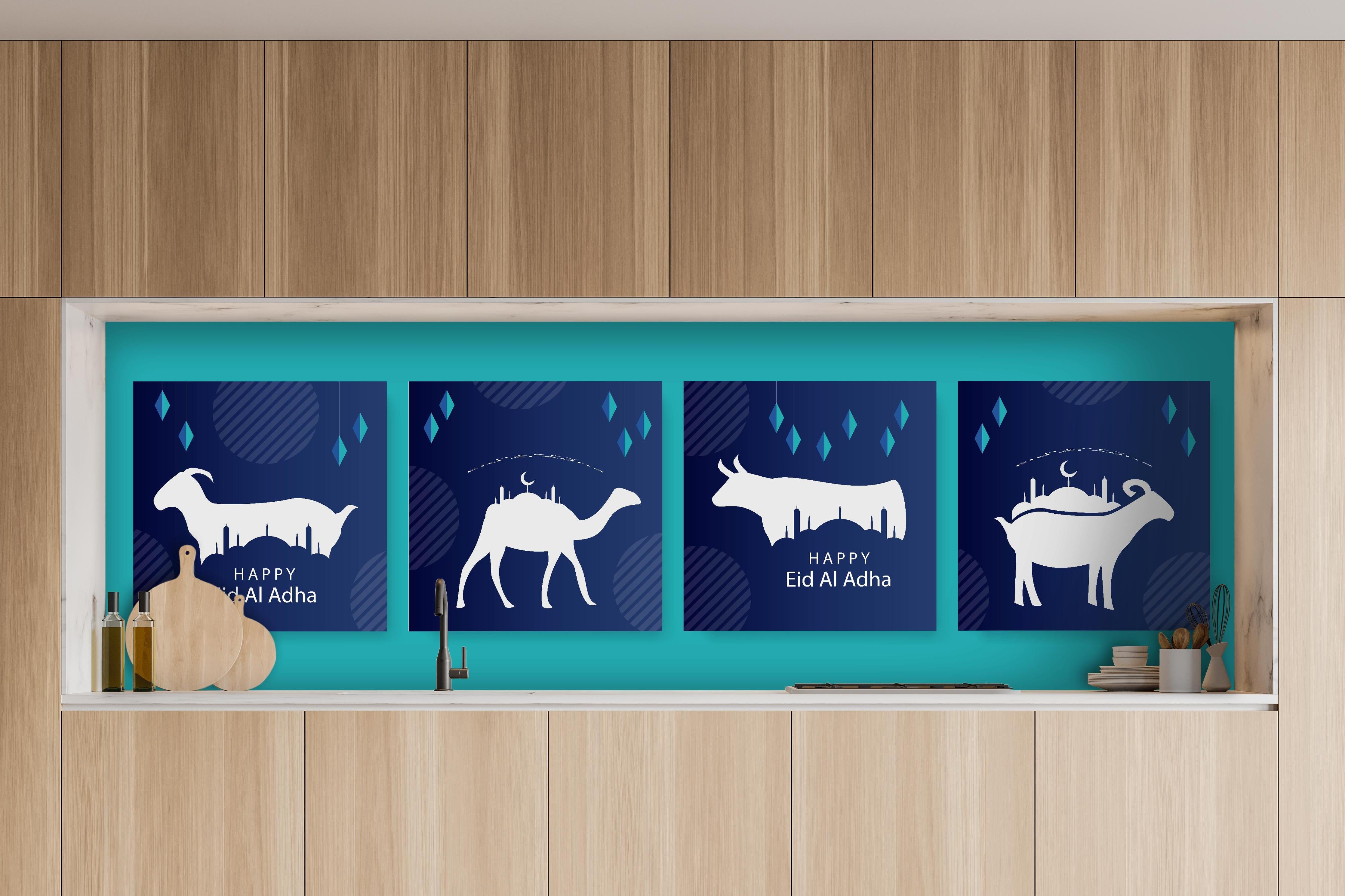 Küche - Elegante Eid Al-Adha Grußkarten Set hinter weißen Hochglanz-Küchenregalen und schwarzem Wasserhahn