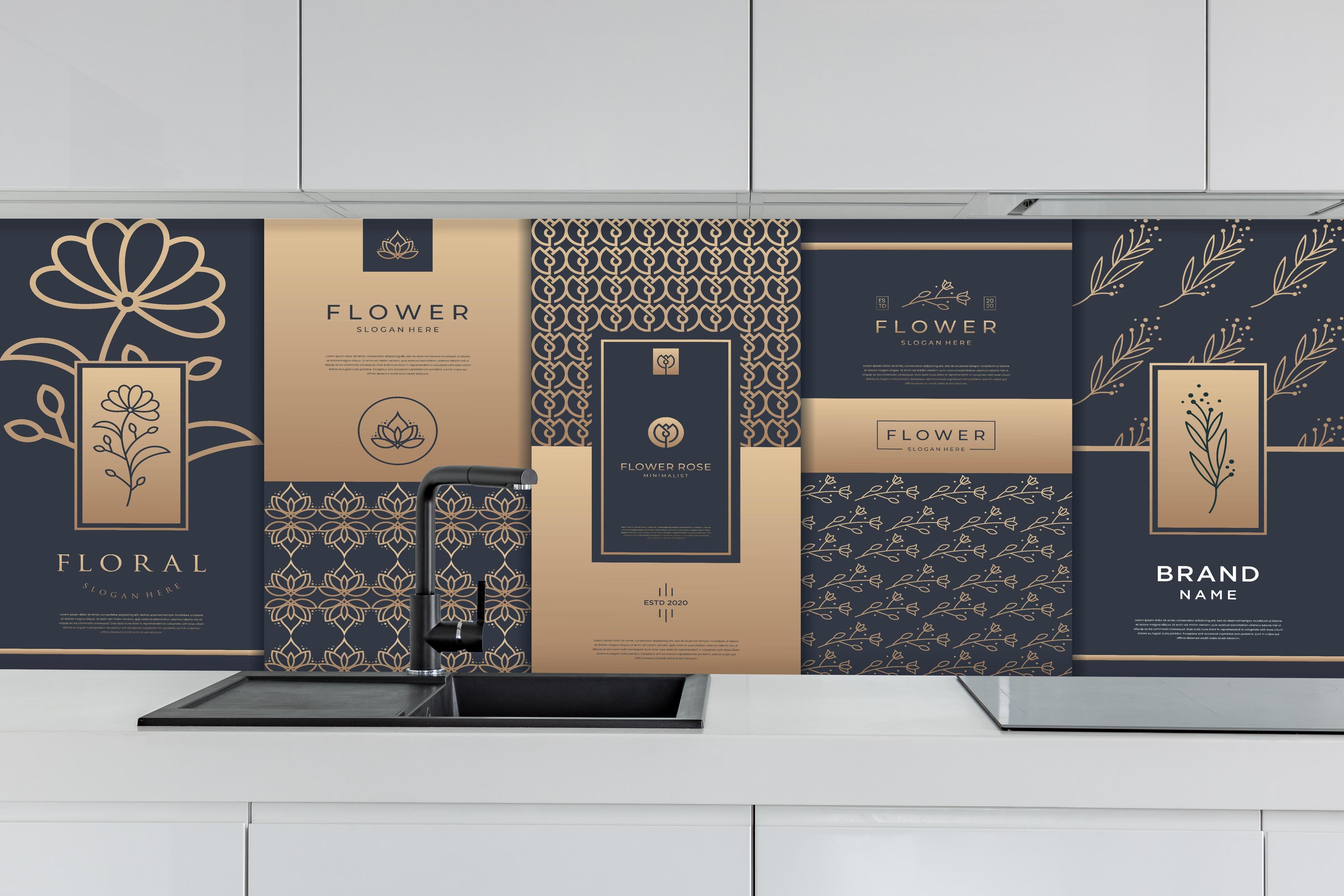 Küche - Elegante Gold-Design Verpackungskollektion hinter weißen Hochglanz-Küchenregalen und schwarzem Wasserhahn