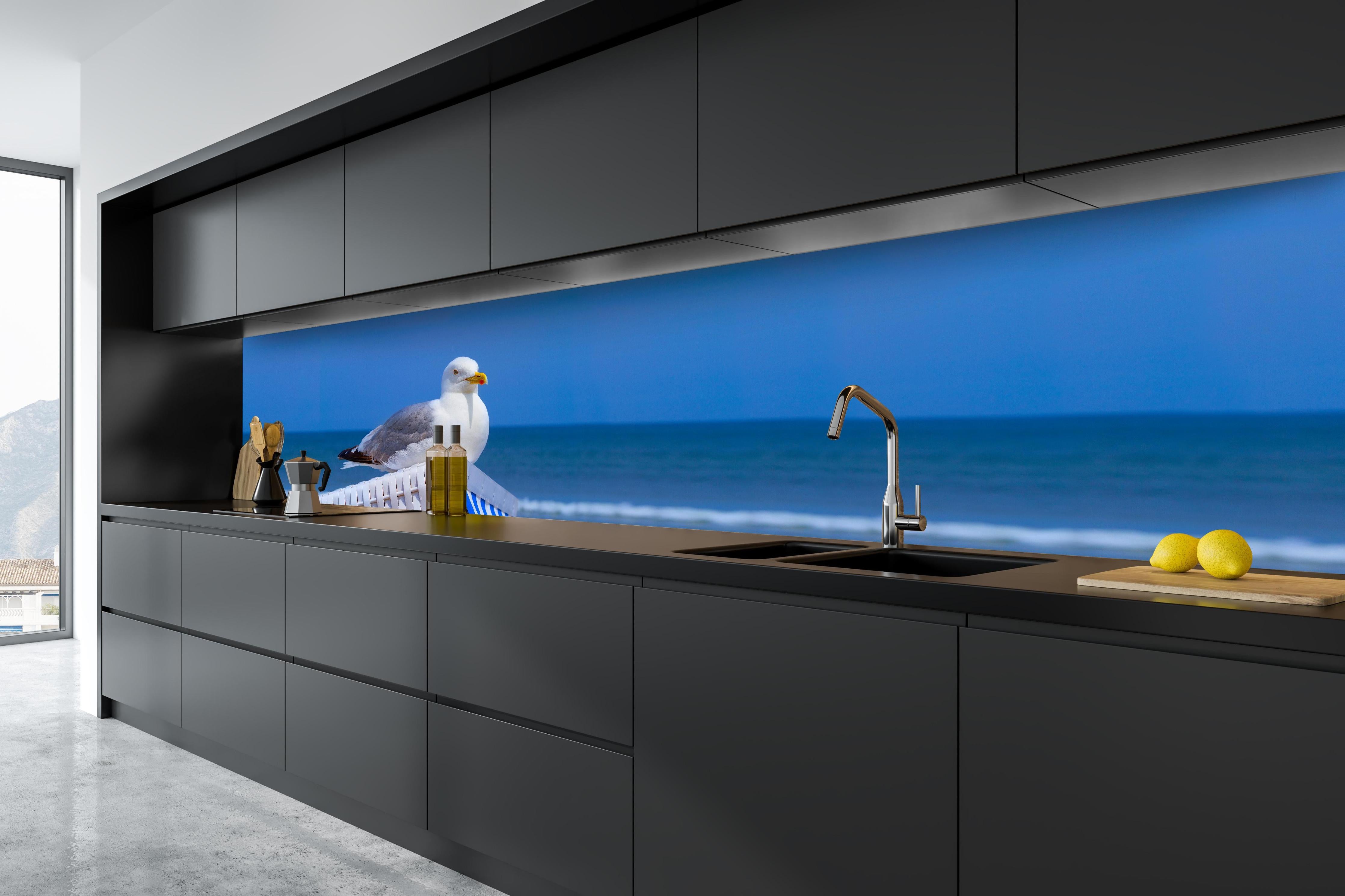 Küche - Elegante Möwe am Strand vor blauem Wasser hinter weißen Hochglanz-Küchenregalen und schwarzem Wasserhahn