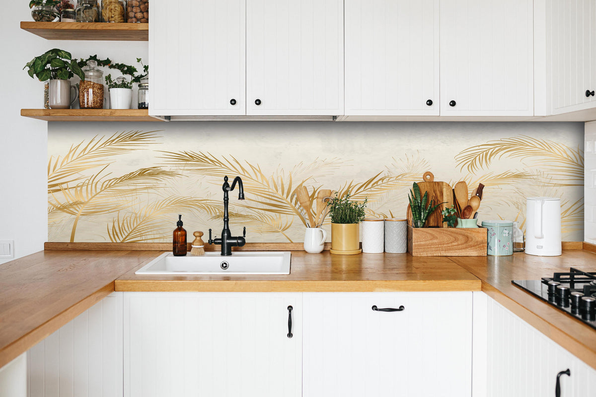 Küche - Elegante goldene Palmwedel auf hellem Grund hinter weißen Hochglanz-Küchenregalen und schwarzem Wasserhahn