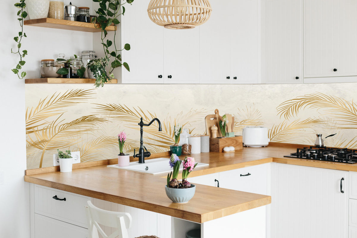 Küche - Elegante goldene Palmwedel auf hellem Grund hinter weißen Hochglanz-Küchenregalen und schwarzem Wasserhahn