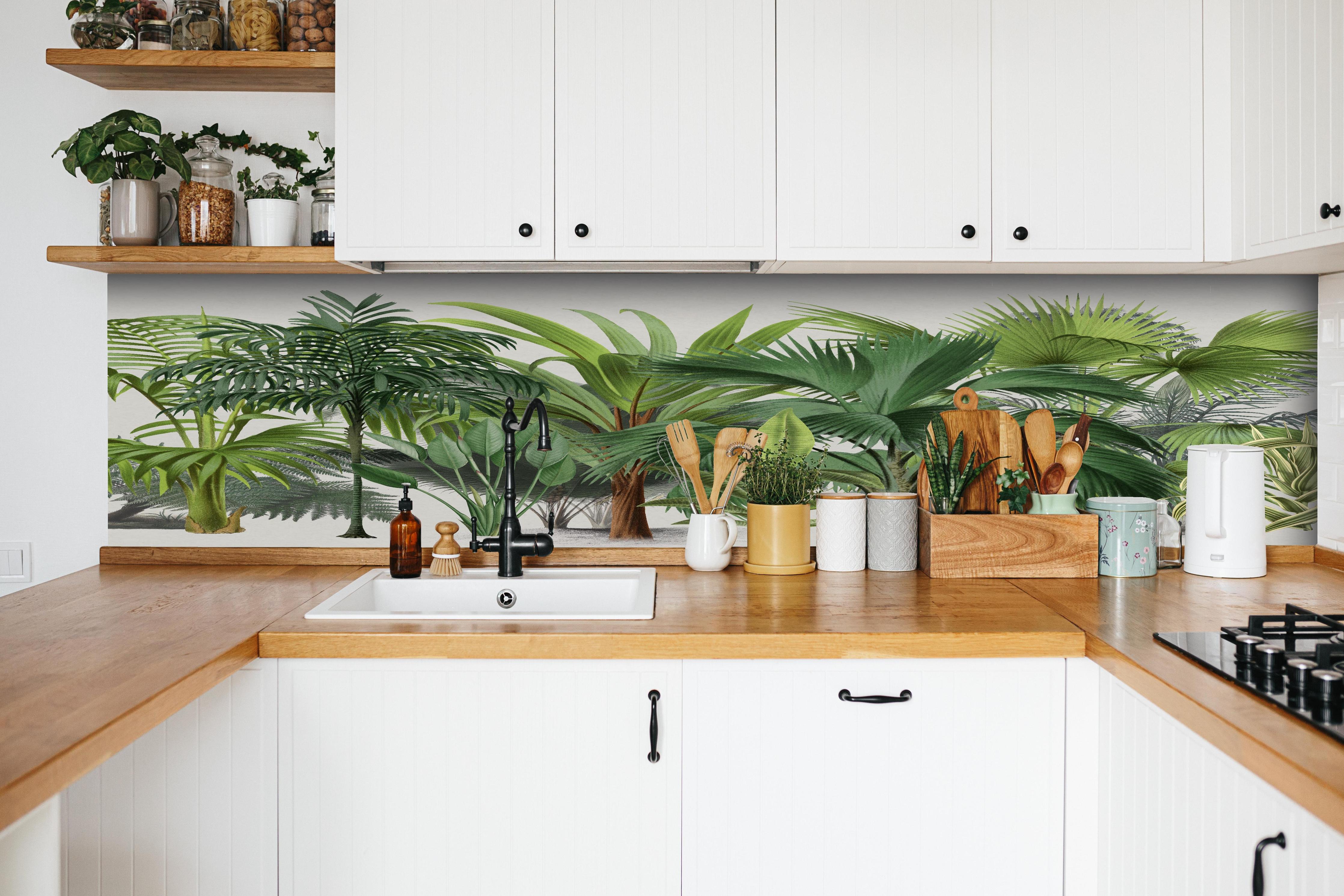 Küche - Exotische Bäume hinter weißen Hochglanz-Küchenregalen und schwarzem Wasserhahn