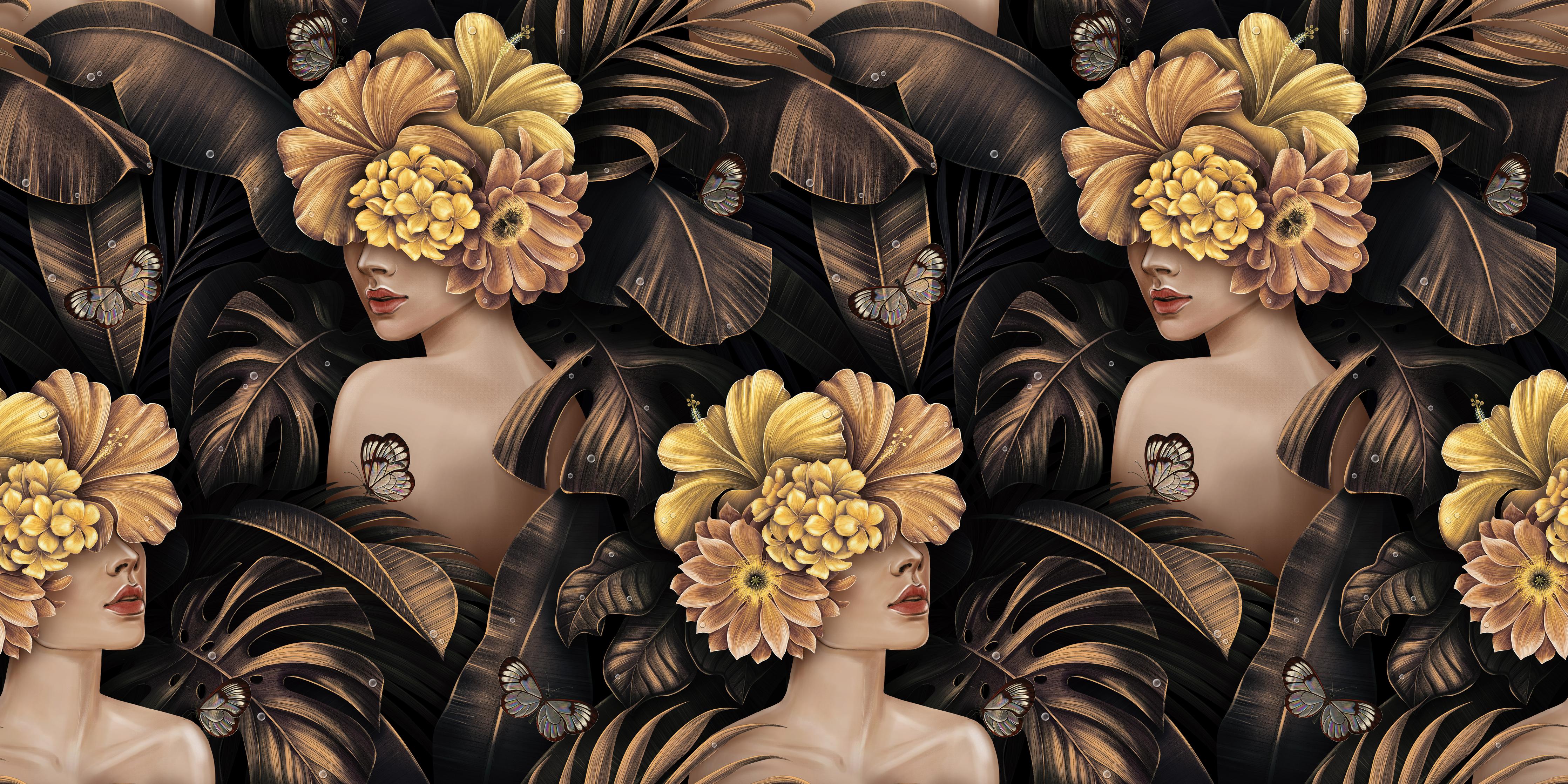 Küchenrückwand-Exotischen Frauen, Blumen Muster