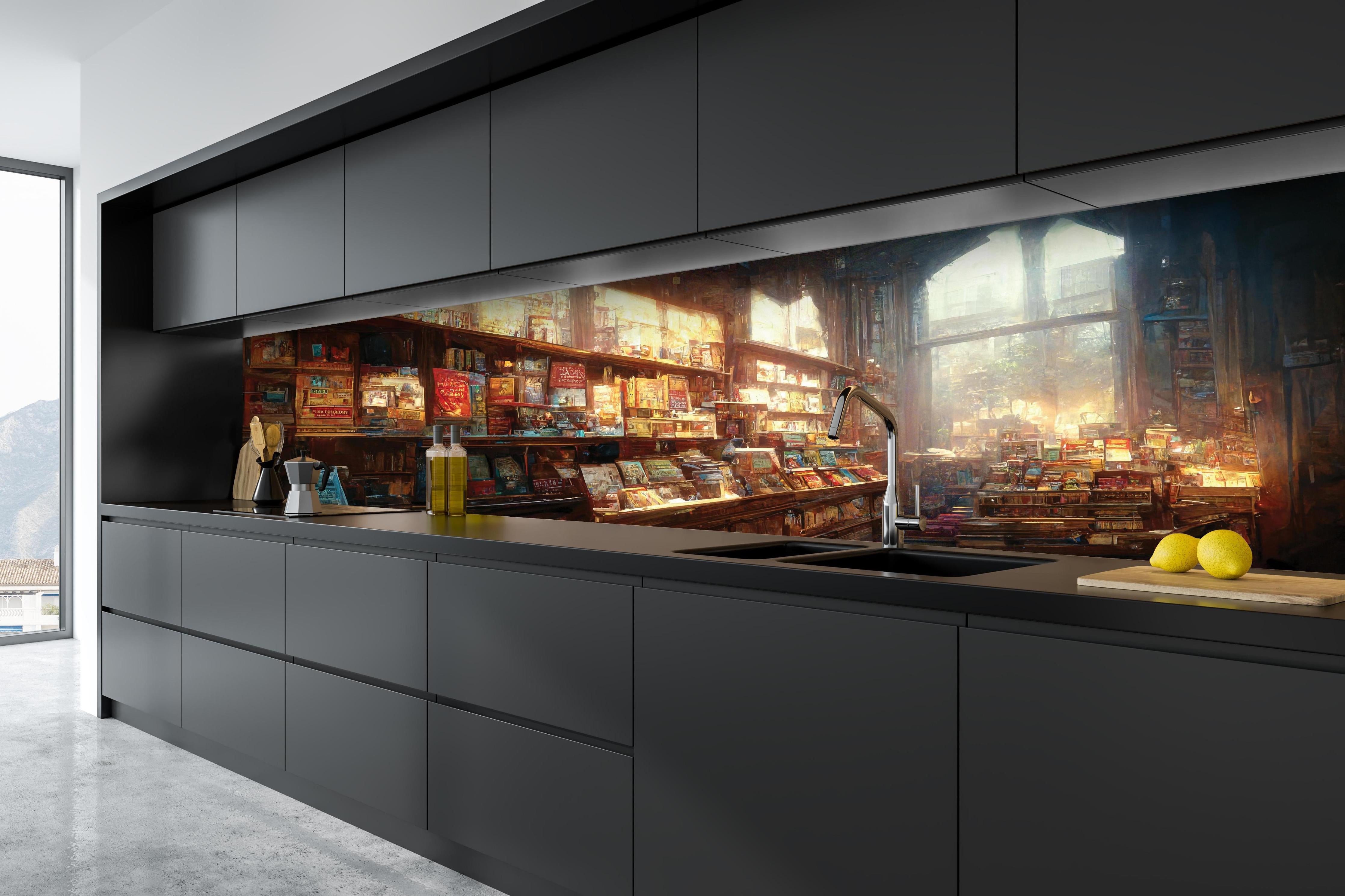 Küche - Fantasy-Buchhandlung hinter weißen Hochglanz-Küchenregalen und schwarzem Wasserhahn