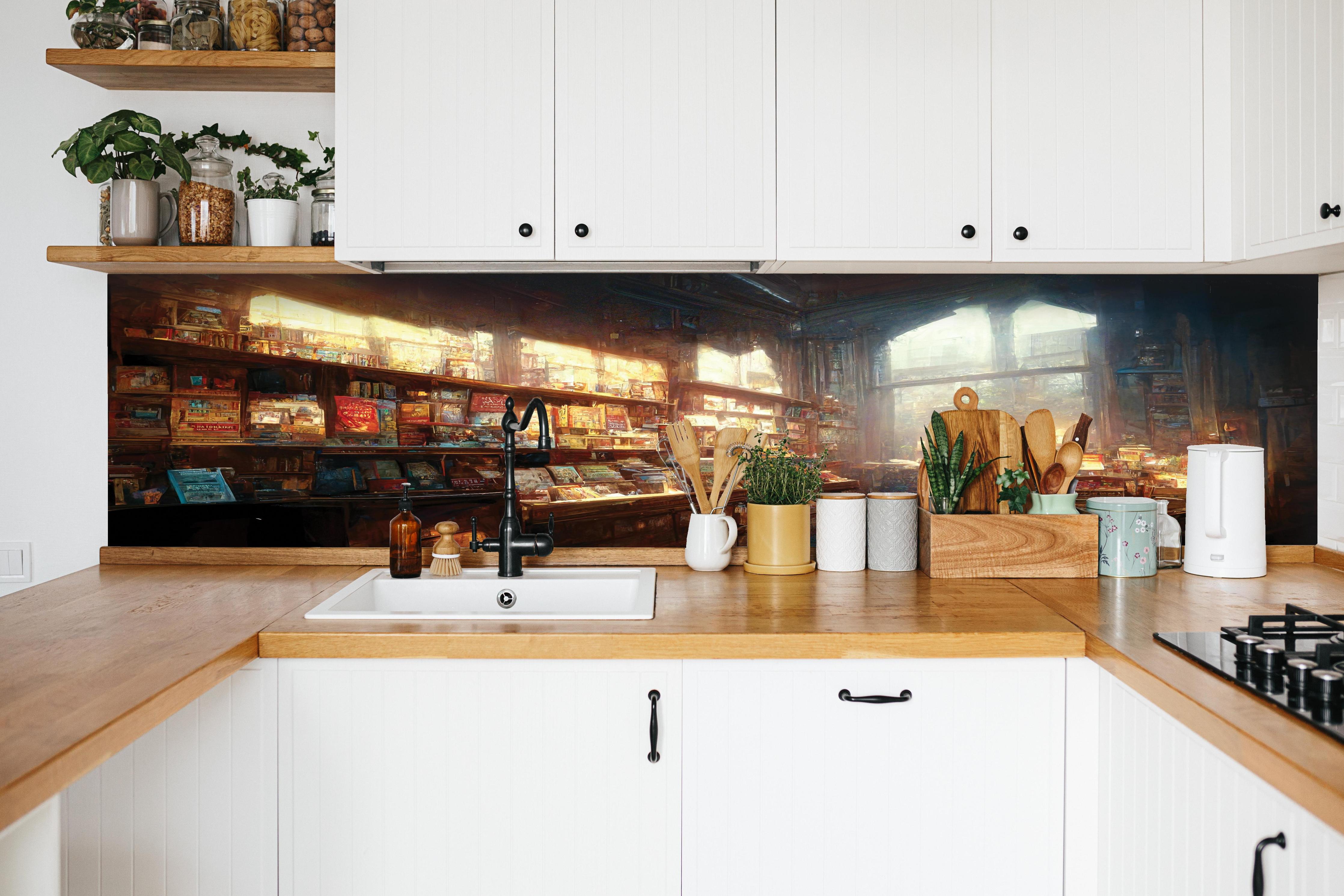 Küche - Fantasy-Buchhandlung hinter weißen Hochglanz-Küchenregalen und schwarzem Wasserhahn