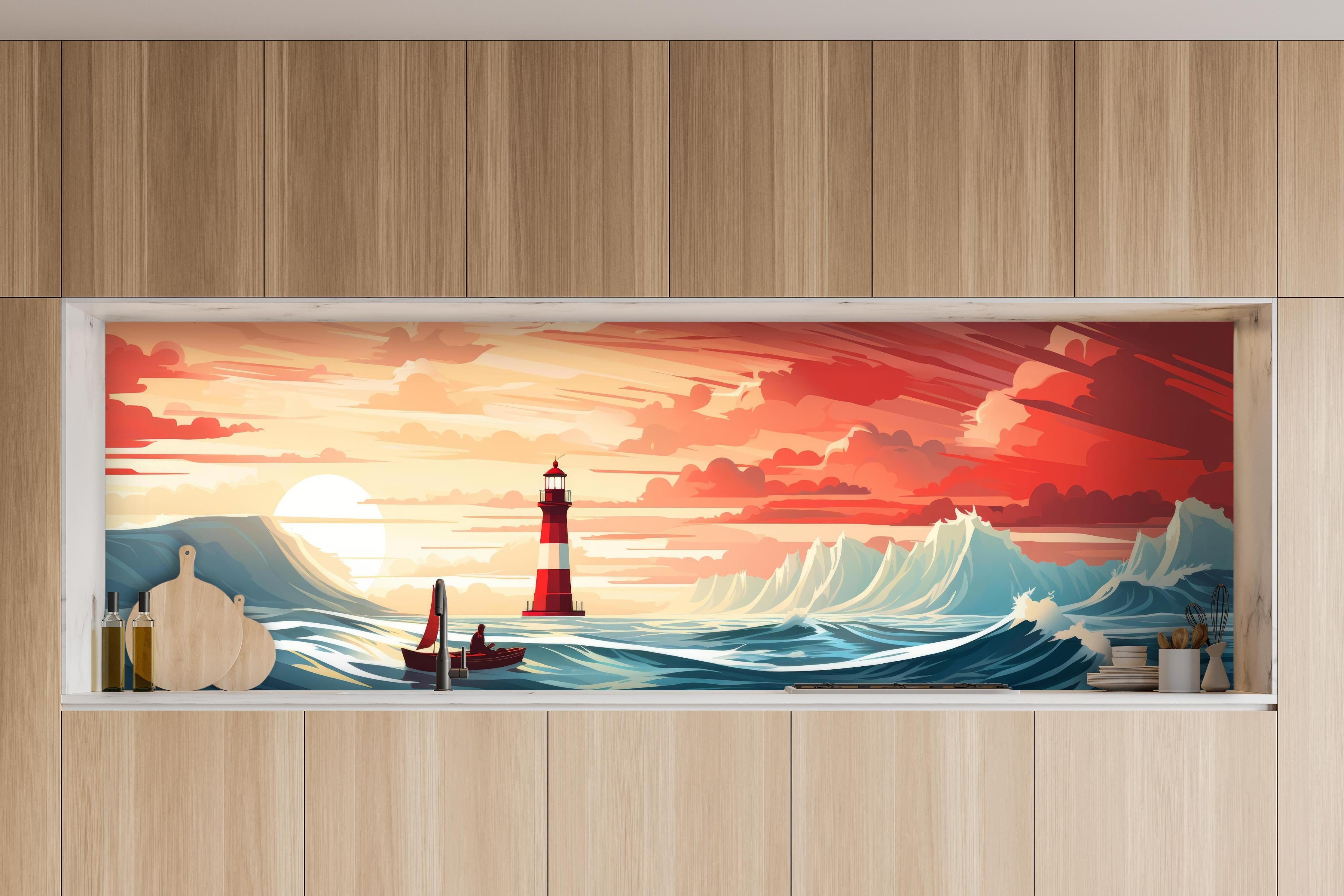 Küche - Farbeintensiver Leuchtturm in malerischer Sonnenuntergangslandschaft hinter weißen Hochglanz-Küchenregalen und schwarzem Wasserhahn