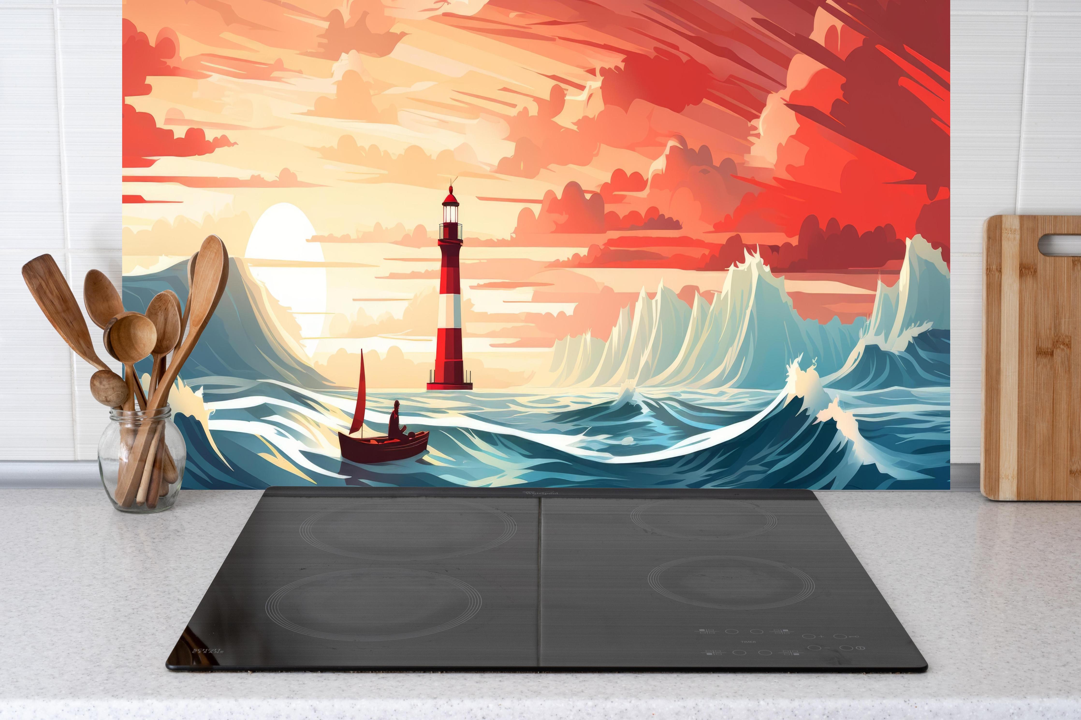 Küche - Farbeintensiver Leuchtturm in malerischer Sonnenuntergangslandschaft hinter weißen Hochglanz-Küchenregalen und schwarzem Wasserhahn