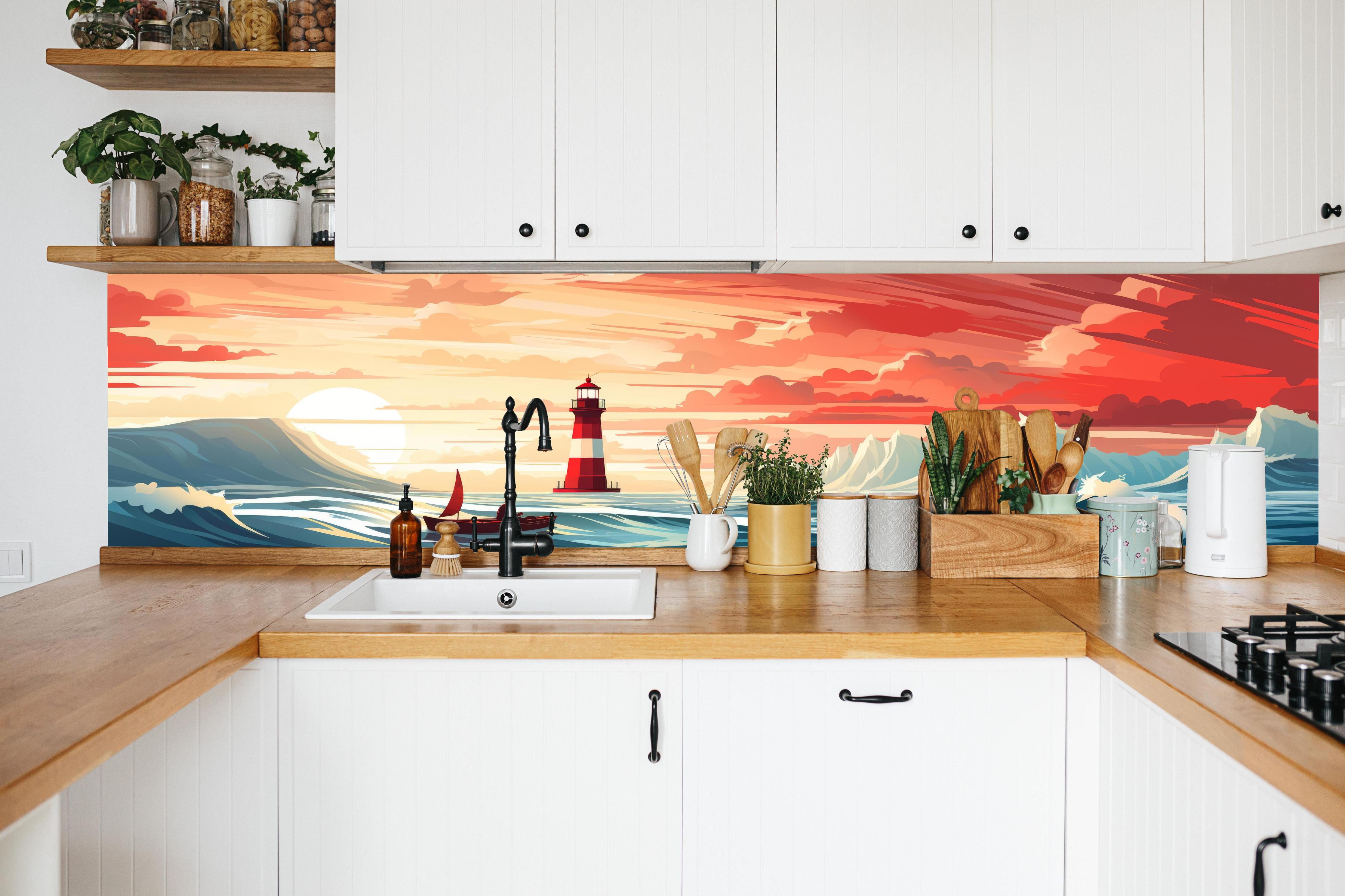Küche - Farbeintensiver Leuchtturm in malerischer Sonnenuntergangslandschaft hinter weißen Hochglanz-Küchenregalen und schwarzem Wasserhahn
