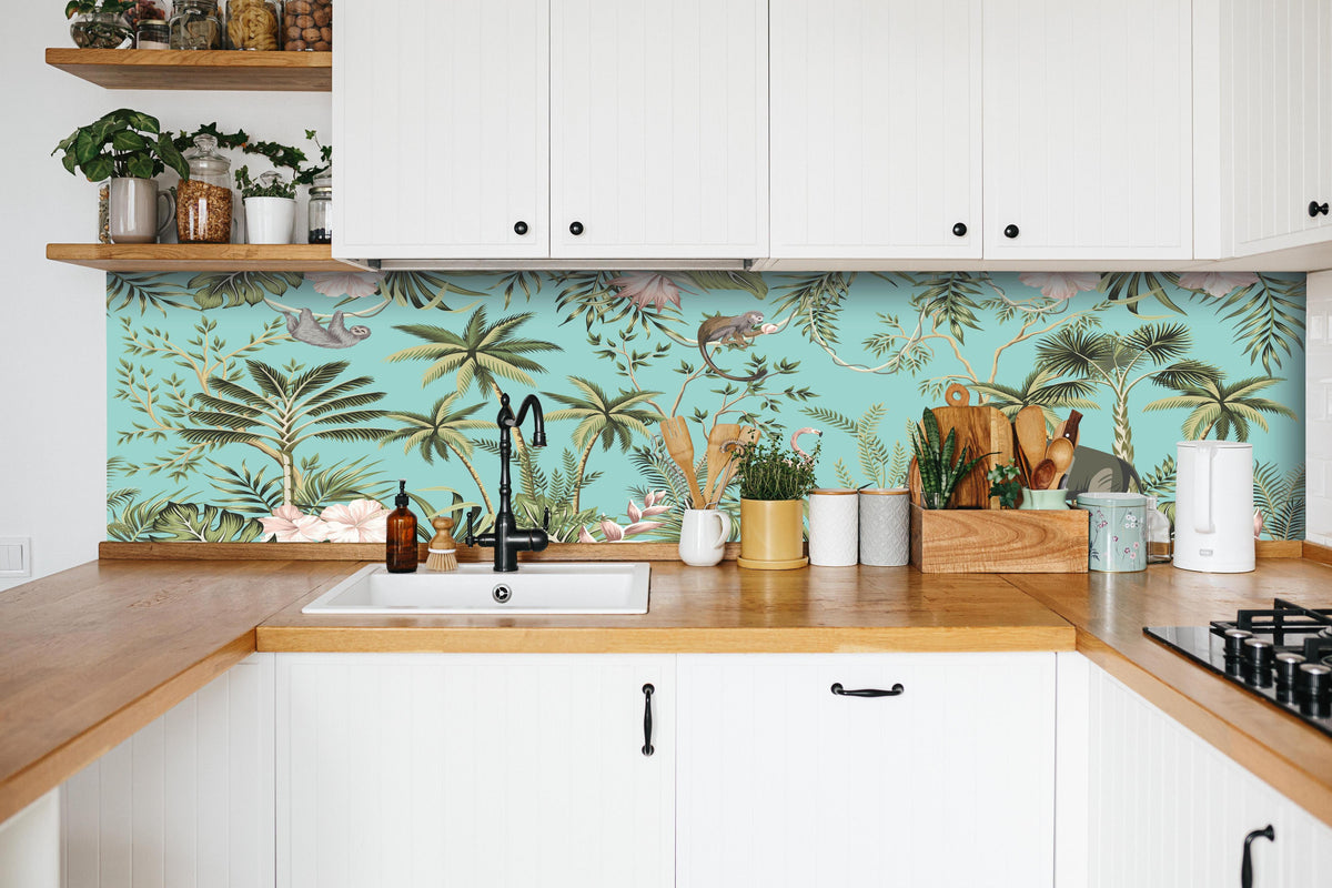 Küche - Farbenfrohes Dschungel-Muster auf Textil hinter weißen Hochglanz-Küchenregalen und schwarzem Wasserhahn