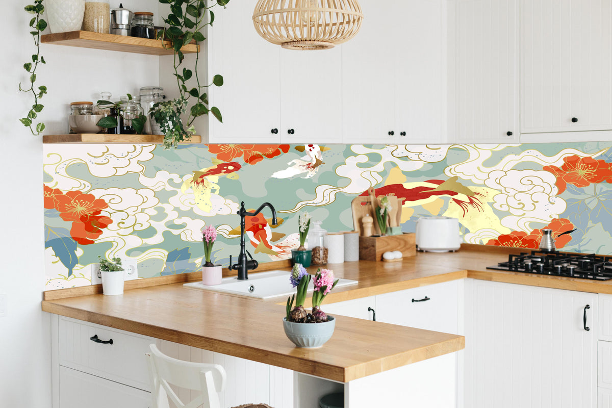 Küche - Farbenfrohes Koi-Karpfen-Muster im asiatischen Stil hinter weißen Hochglanz-Küchenregalen und schwarzem Wasserhahn