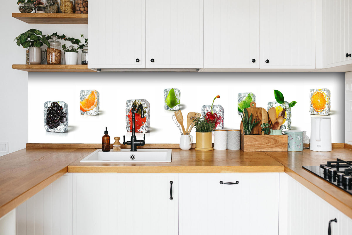 Küche - Farbenfrohes Obst-Eiswürfel Dekor hinter weißen Hochglanz-Küchenregalen und schwarzem Wasserhahn