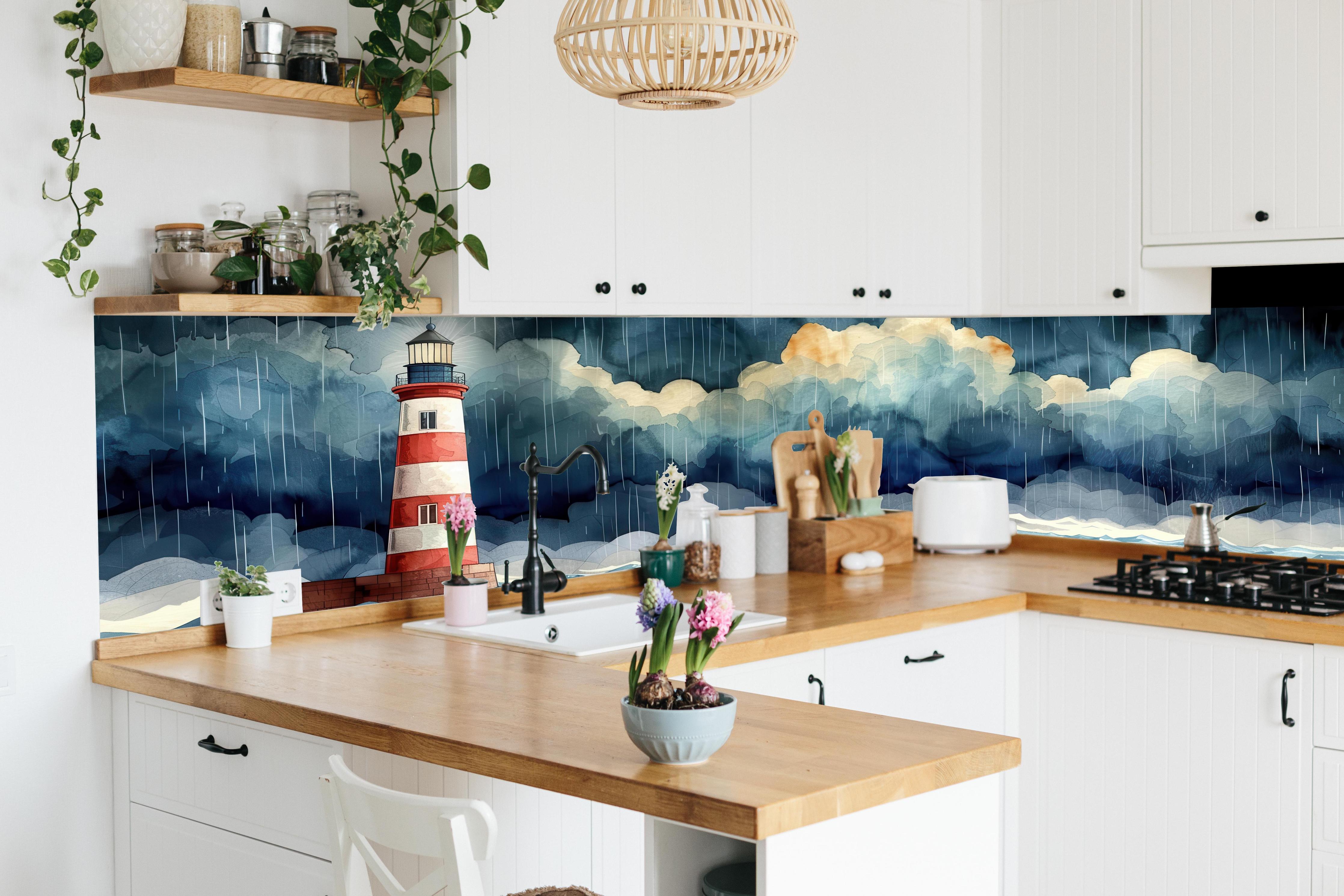 Küche - Faszinierender Leuchtturm umgeben von stürmischem Himmel hinter weißen Hochglanz-Küchenregalen und schwarzem Wasserhahn