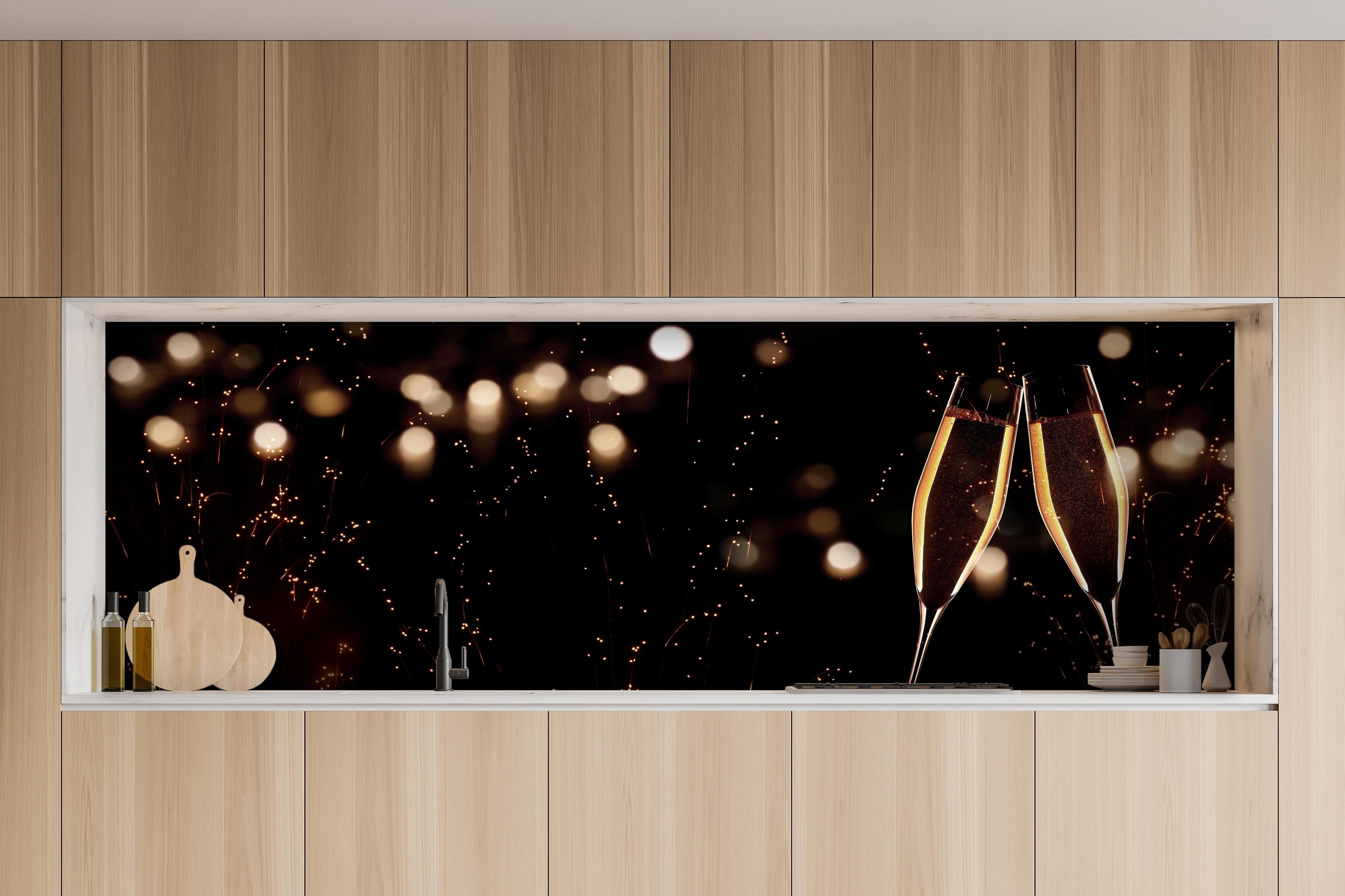 Küche - Feierlicher Champagner-Clink bei Jahreswechsel hinter weißen Hochglanz-Küchenregalen und schwarzem Wasserhahn