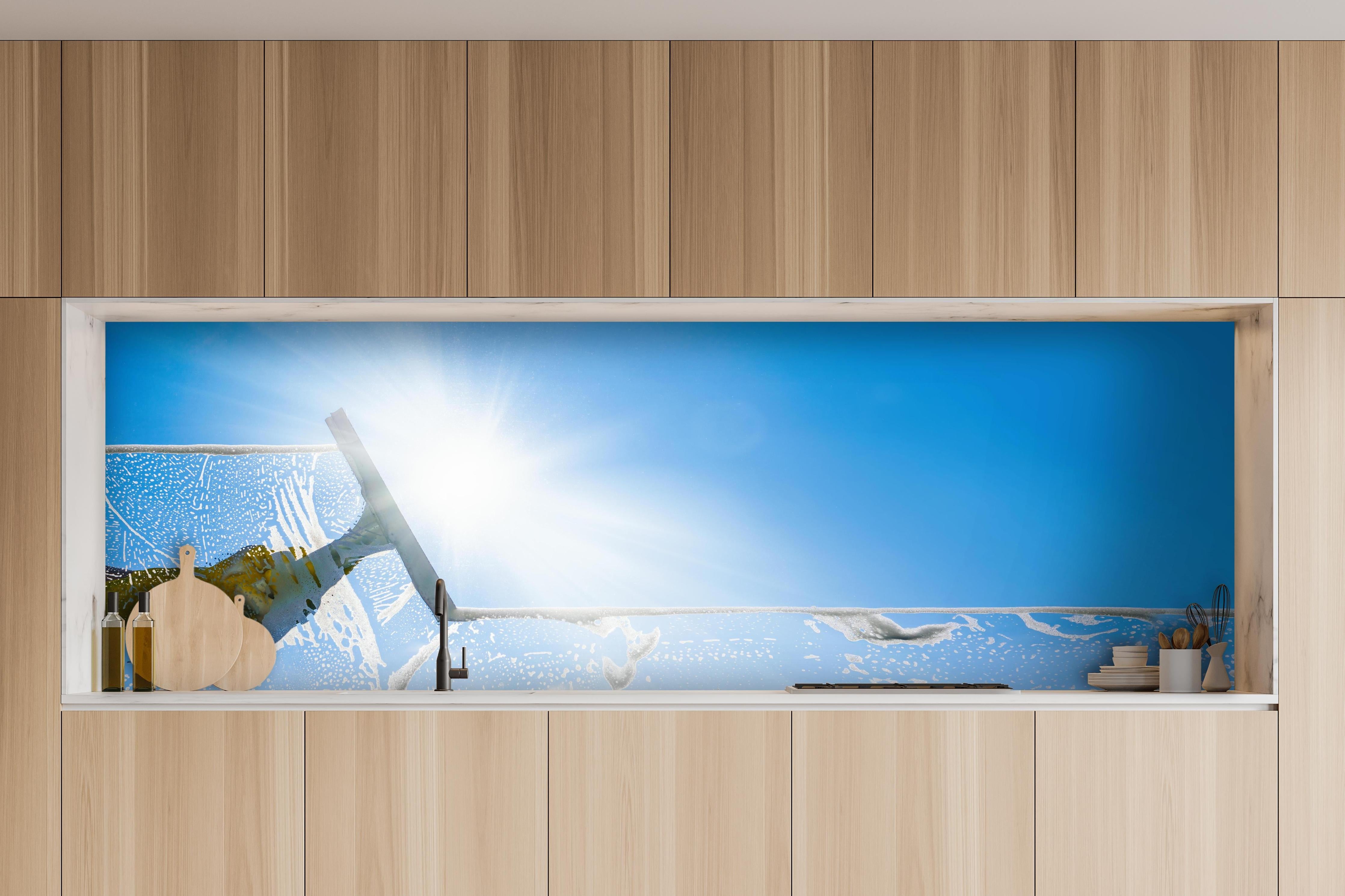 Küche - Fensterputzer mit Abzieher und strahlendem Himmel hinter weißen Hochglanz-Küchenregalen und schwarzem Wasserhahn