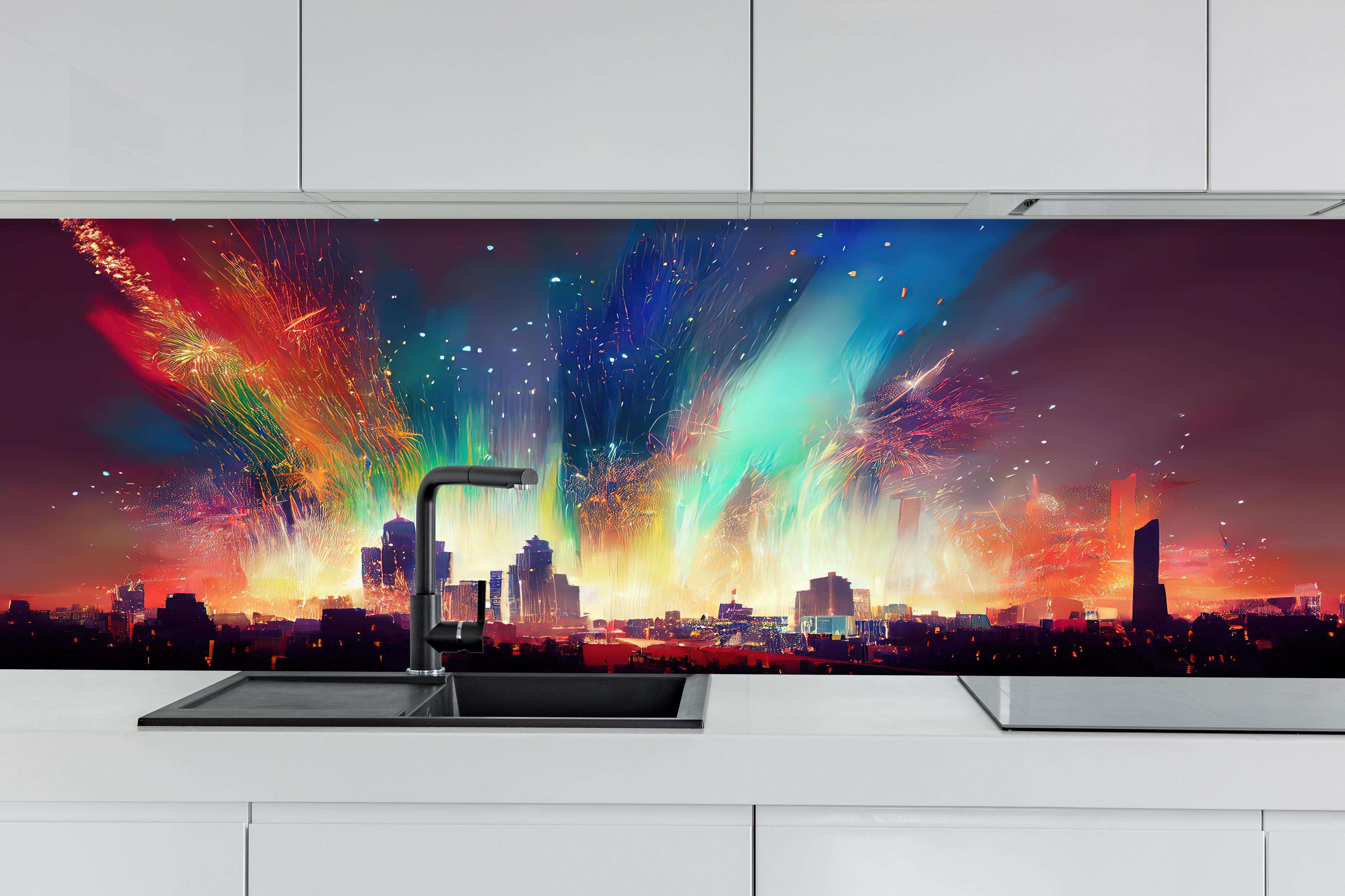 Küche - Feuerwerk über Stadt bei Nacht - Illustration hinter weißen Hochglanz-Küchenregalen und schwarzem Wasserhahn
