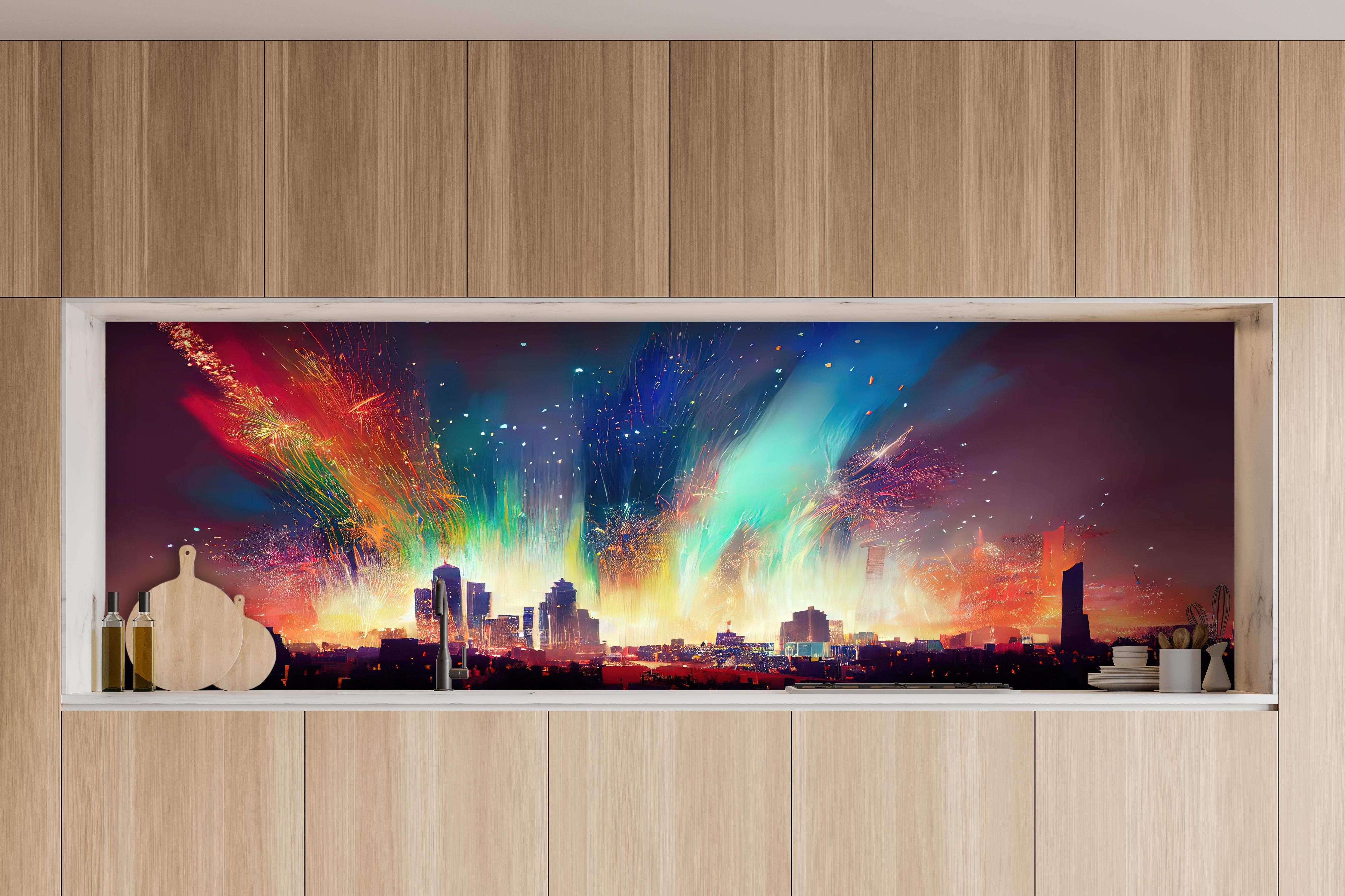 Küche - Feuerwerk über Stadt bei Nacht - Illustration hinter weißen Hochglanz-Küchenregalen und schwarzem Wasserhahn
