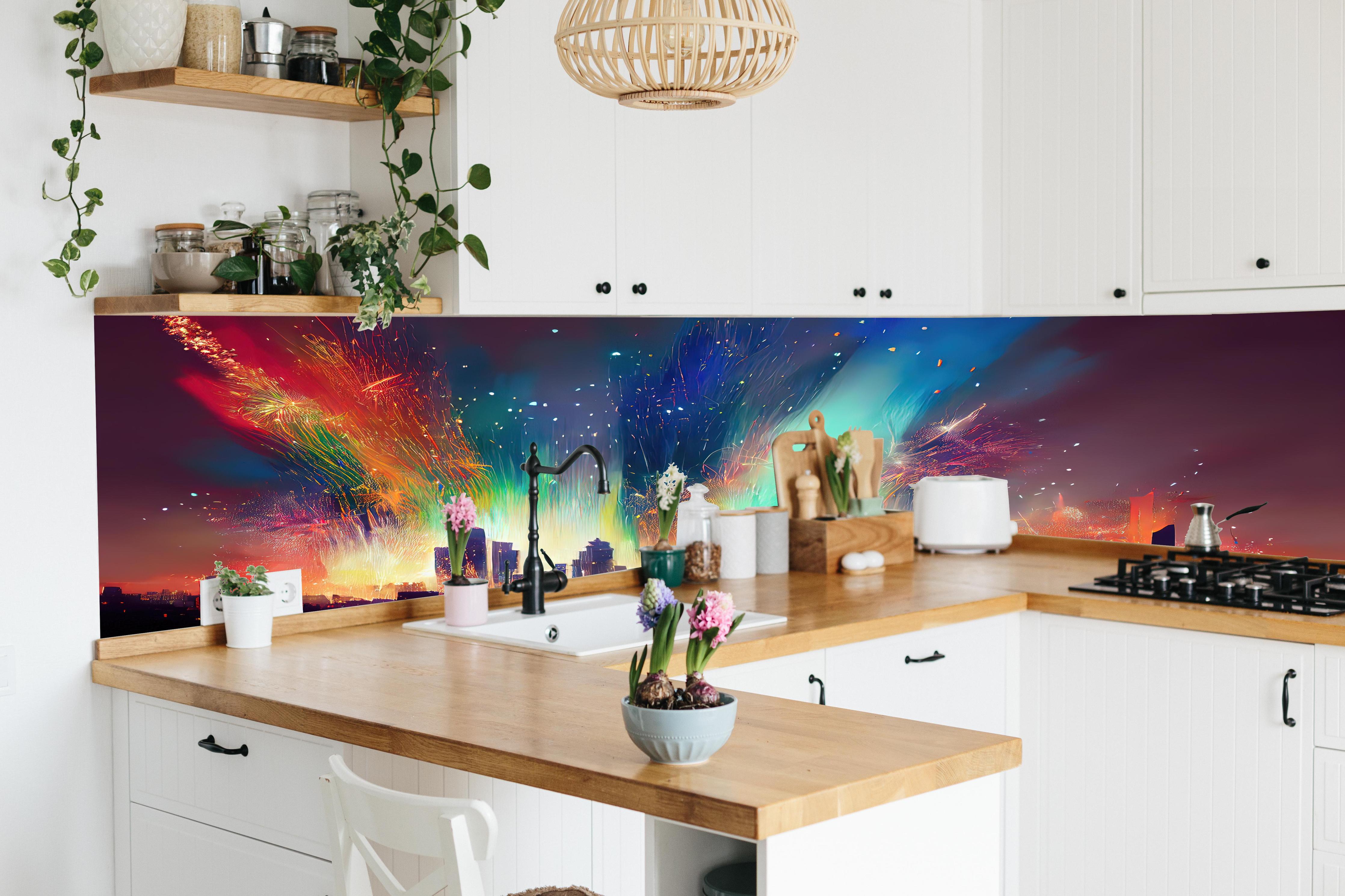 Küche - Feuerwerk über Stadt bei Nacht - Illustration hinter weißen Hochglanz-Küchenregalen und schwarzem Wasserhahn