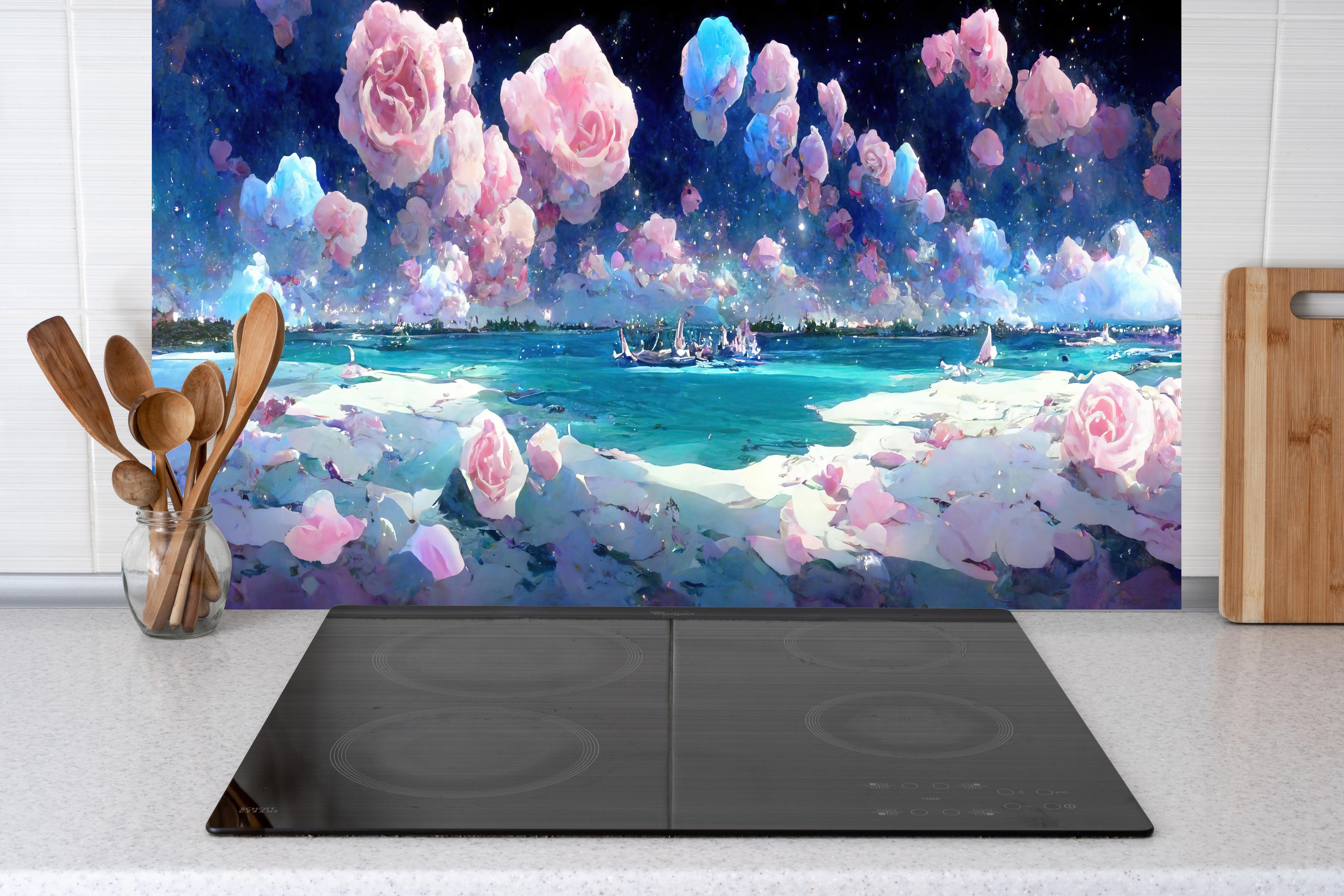 Küche - Florale Traumwelt - Ozean hinter weißen Hochglanz-Küchenregalen und schwarzem Wasserhahn