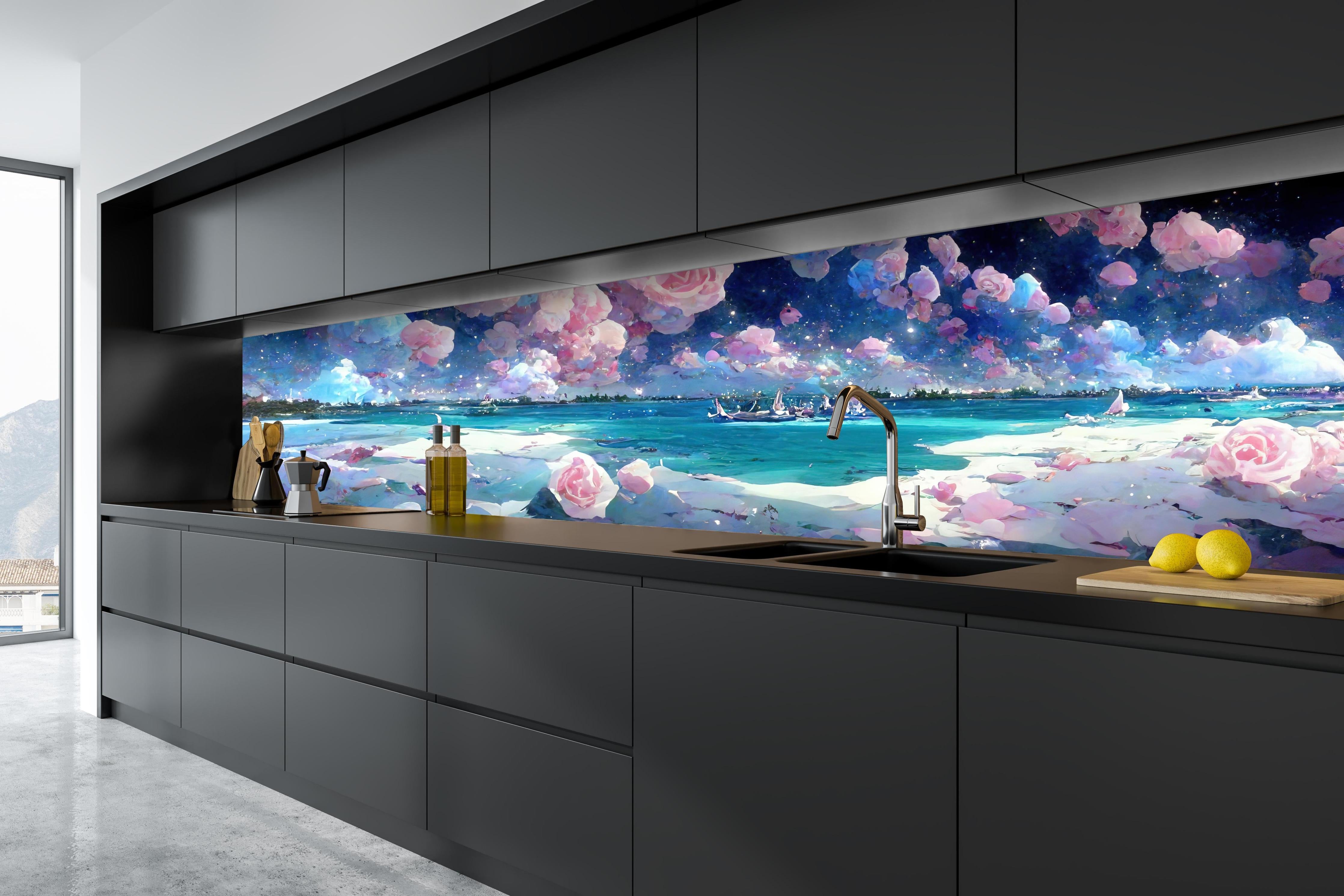 Küche - Florale Traumwelt - Ozean hinter weißen Hochglanz-Küchenregalen und schwarzem Wasserhahn