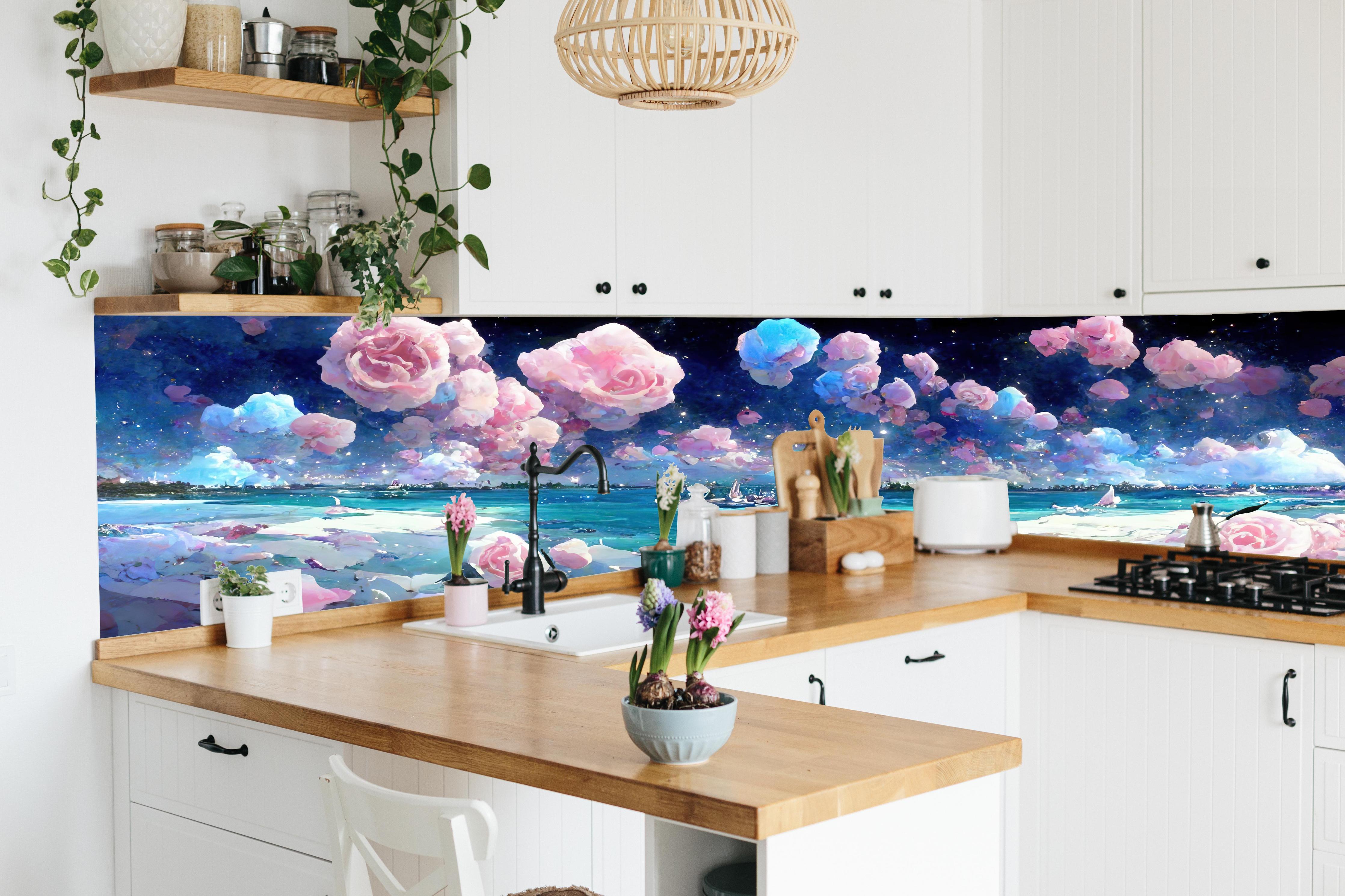 Küche - Florale Traumwelt - Ozean hinter weißen Hochglanz-Küchenregalen und schwarzem Wasserhahn