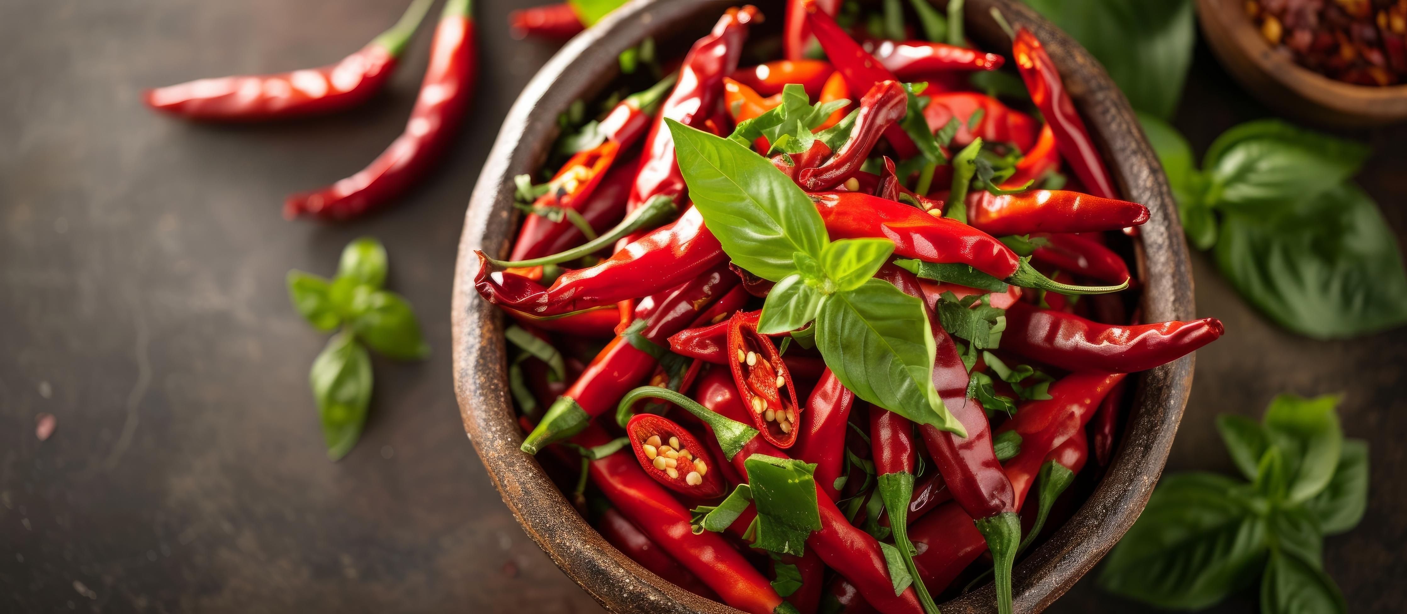 Küchenrückwand-Frische Rote Chilis mit Basilikum