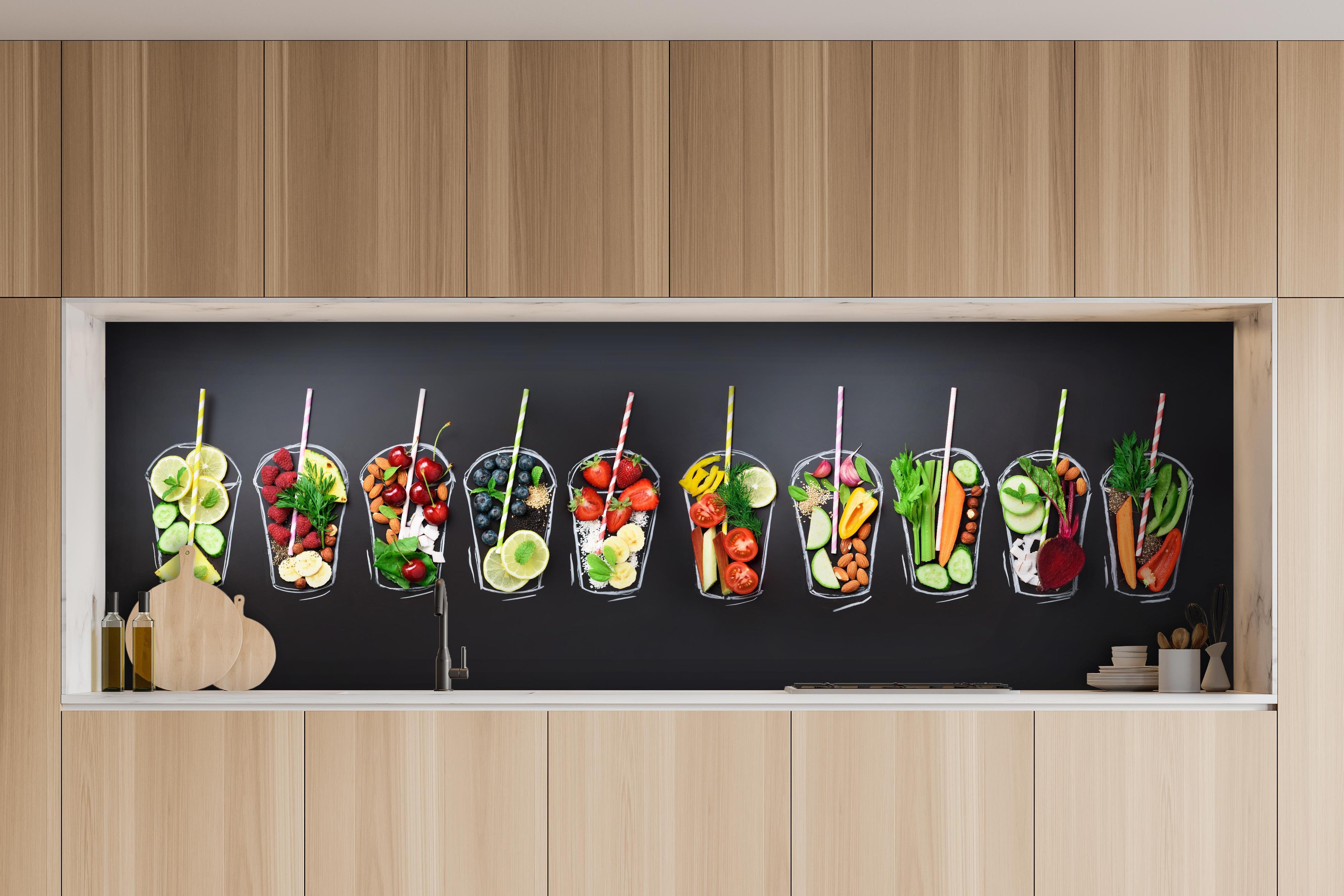 Küche - Frische Smoothie Zutaten auf Schwarz hinter weißen Hochglanz-Küchenregalen und schwarzem Wasserhahn