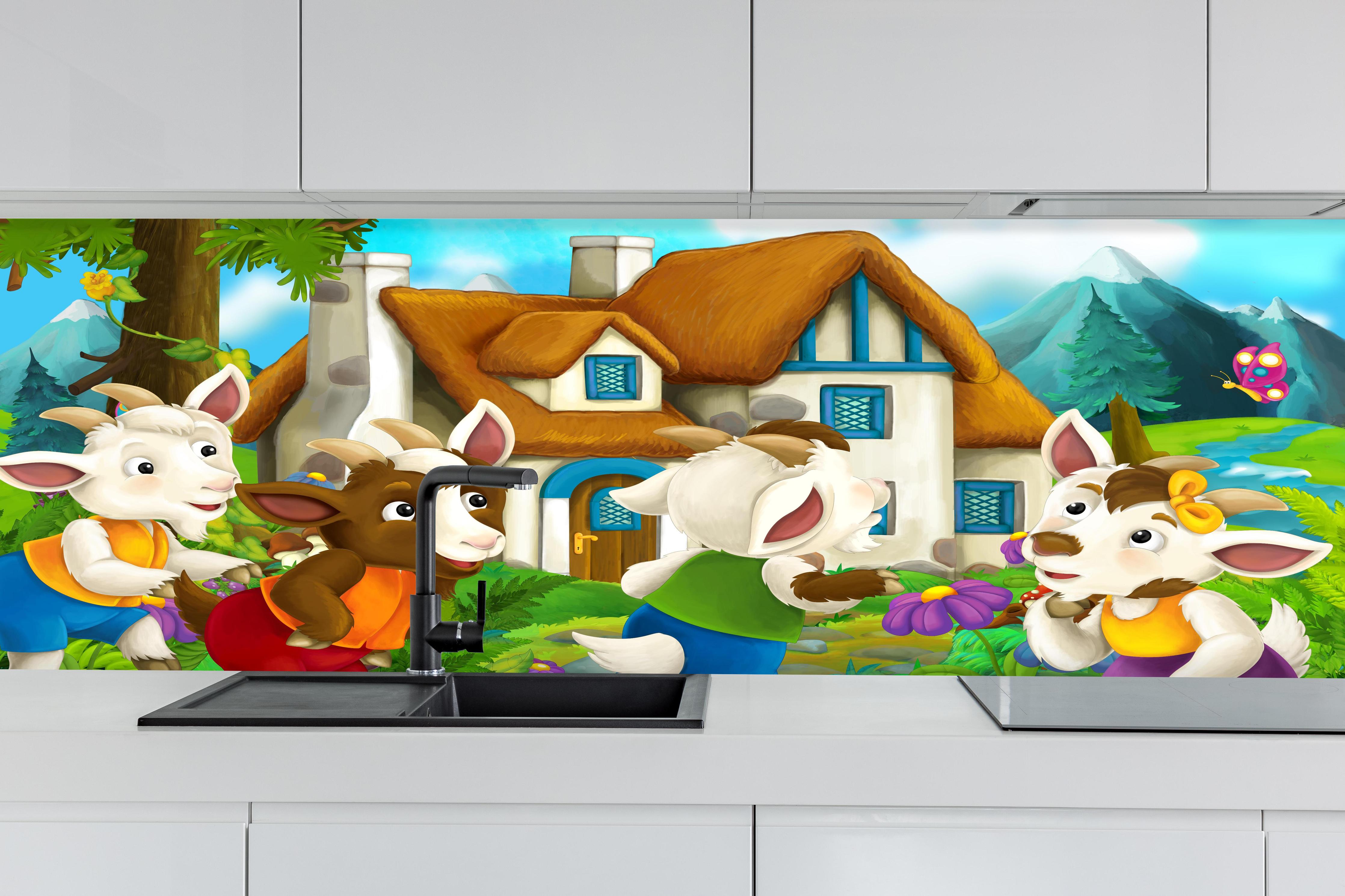 Küche - Fröhliche Cartoon Ziegen  hinter weißen Hochglanz-Küchenregalen und schwarzem Wasserhahn