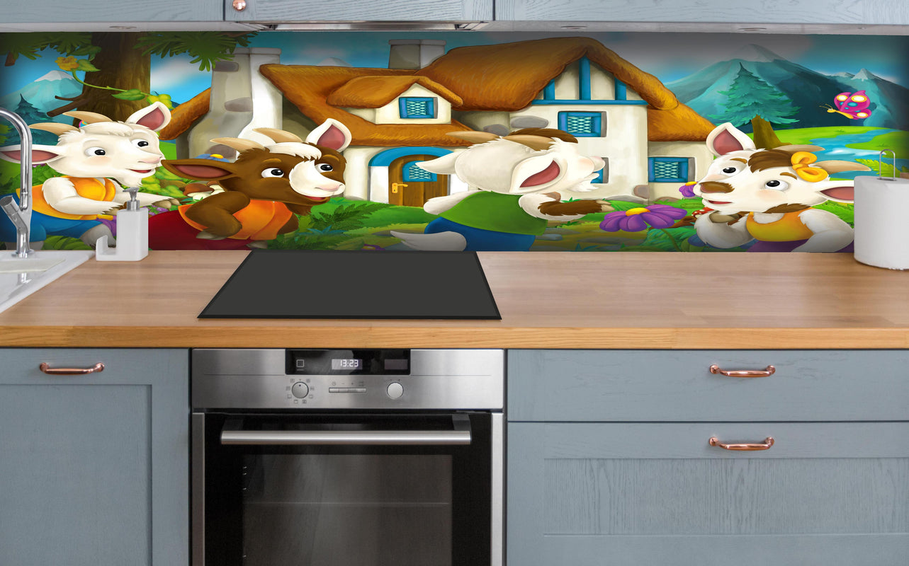 Küche - Fröhliche Cartoon Ziegen  hinter weißen Hochglanz-Küchenregalen und schwarzem Wasserhahn