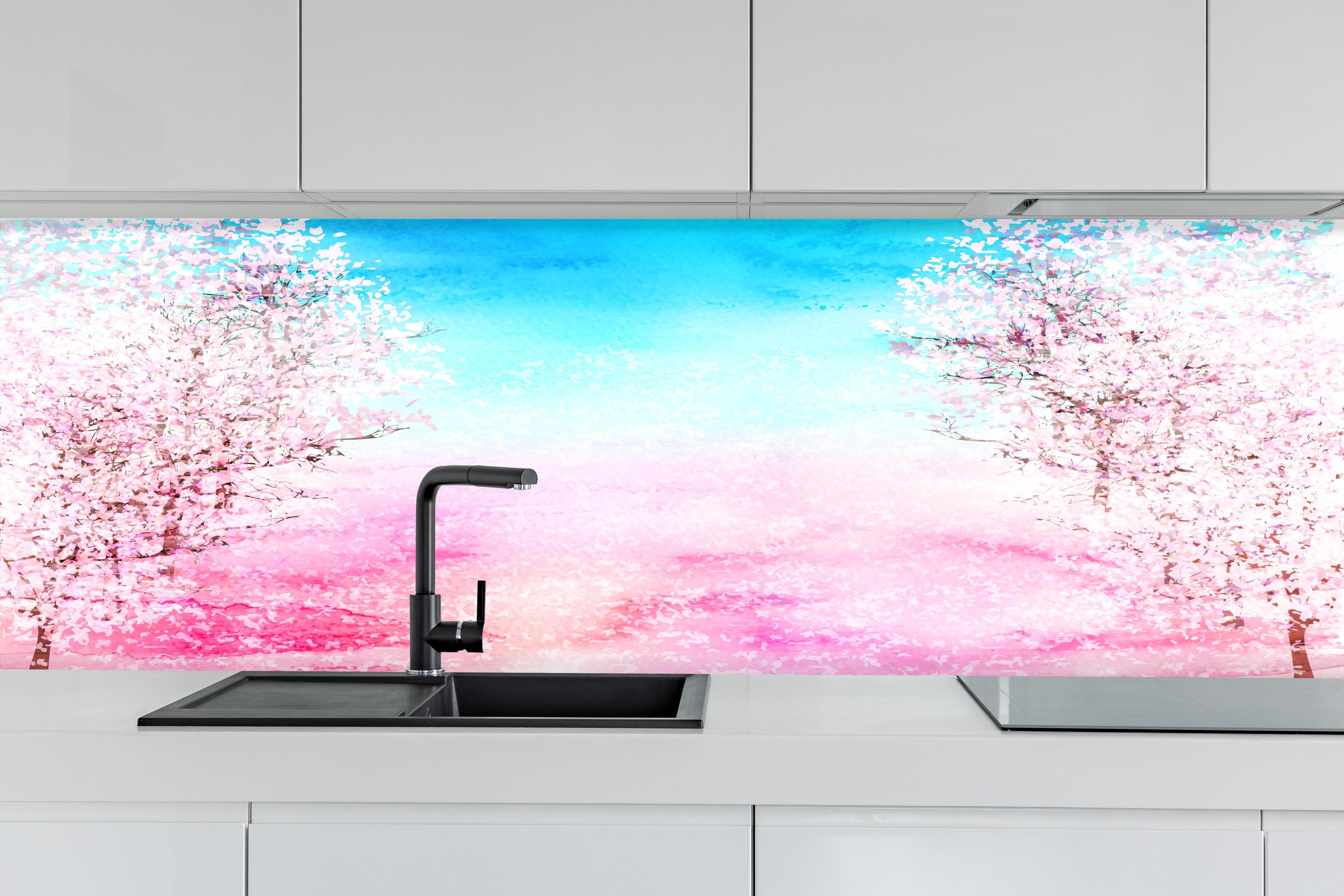 Küche - Frühlingsbaum Aquarell Rosa-Blau hinter weißen Hochglanz-Küchenregalen und schwarzem Wasserhahn