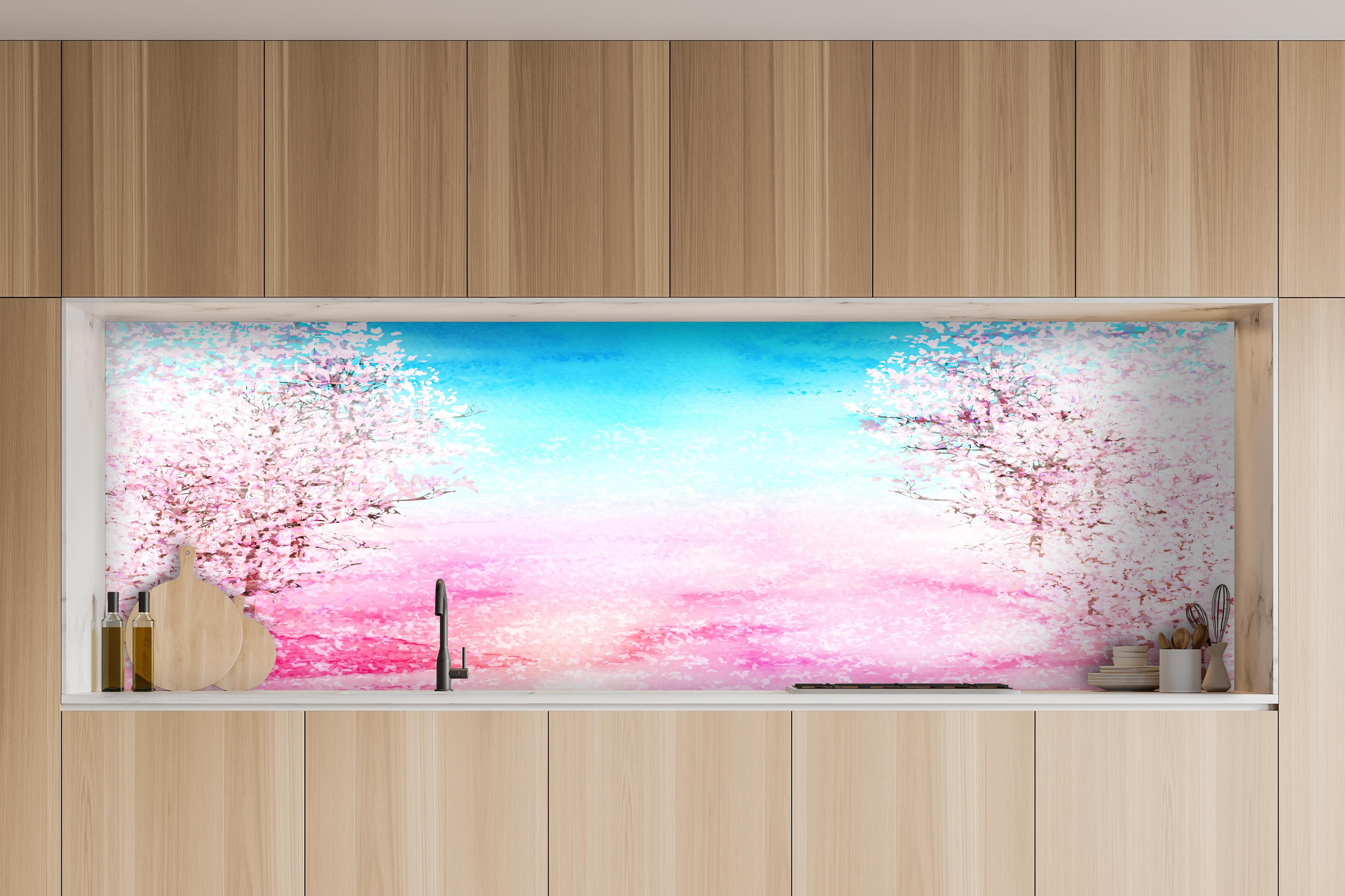 Küche - Frühlingsbaum Aquarell Rosa-Blau hinter weißen Hochglanz-Küchenregalen und schwarzem Wasserhahn
