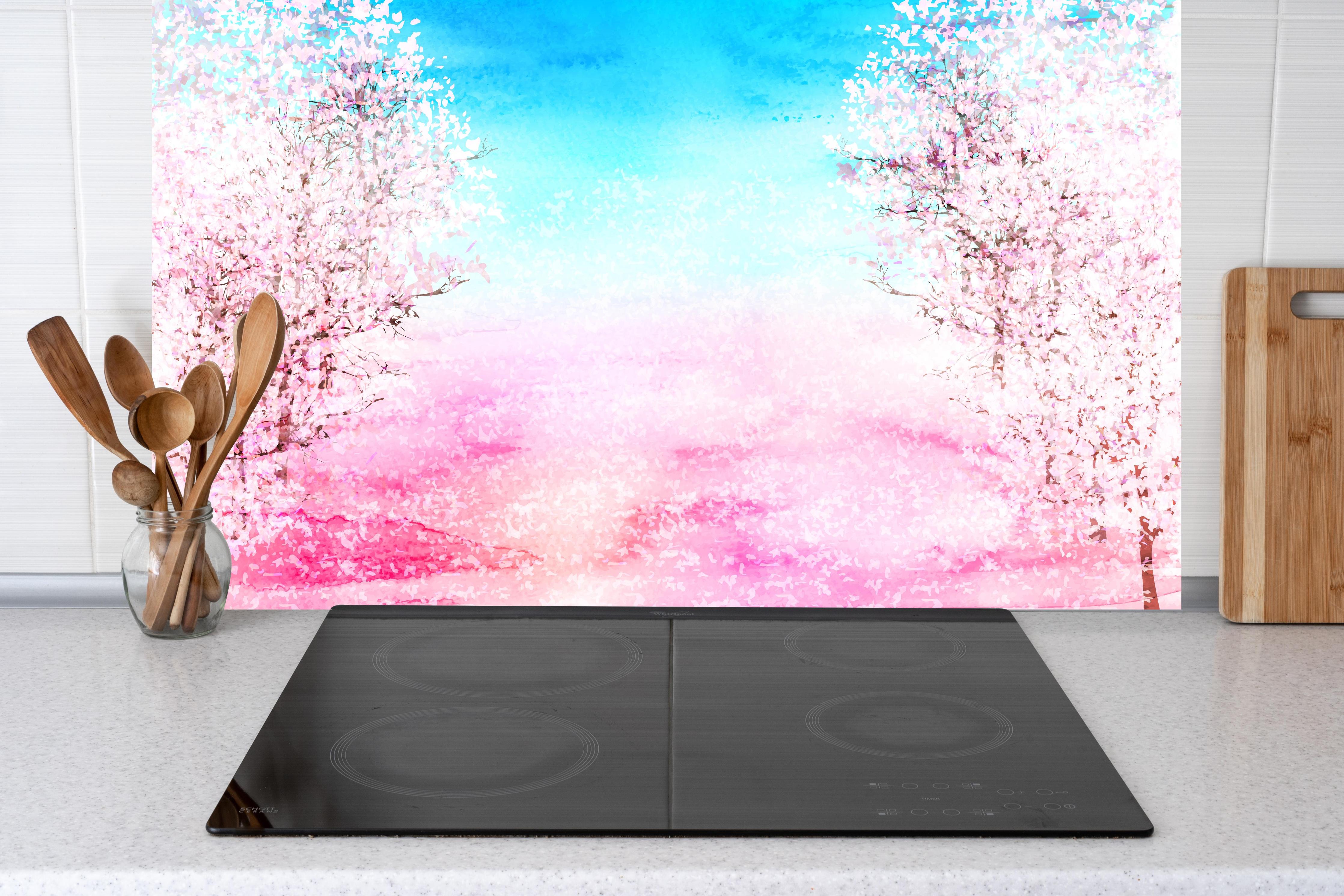 Küche - Frühlingsbaum Aquarell Rosa-Blau hinter weißen Hochglanz-Küchenregalen und schwarzem Wasserhahn