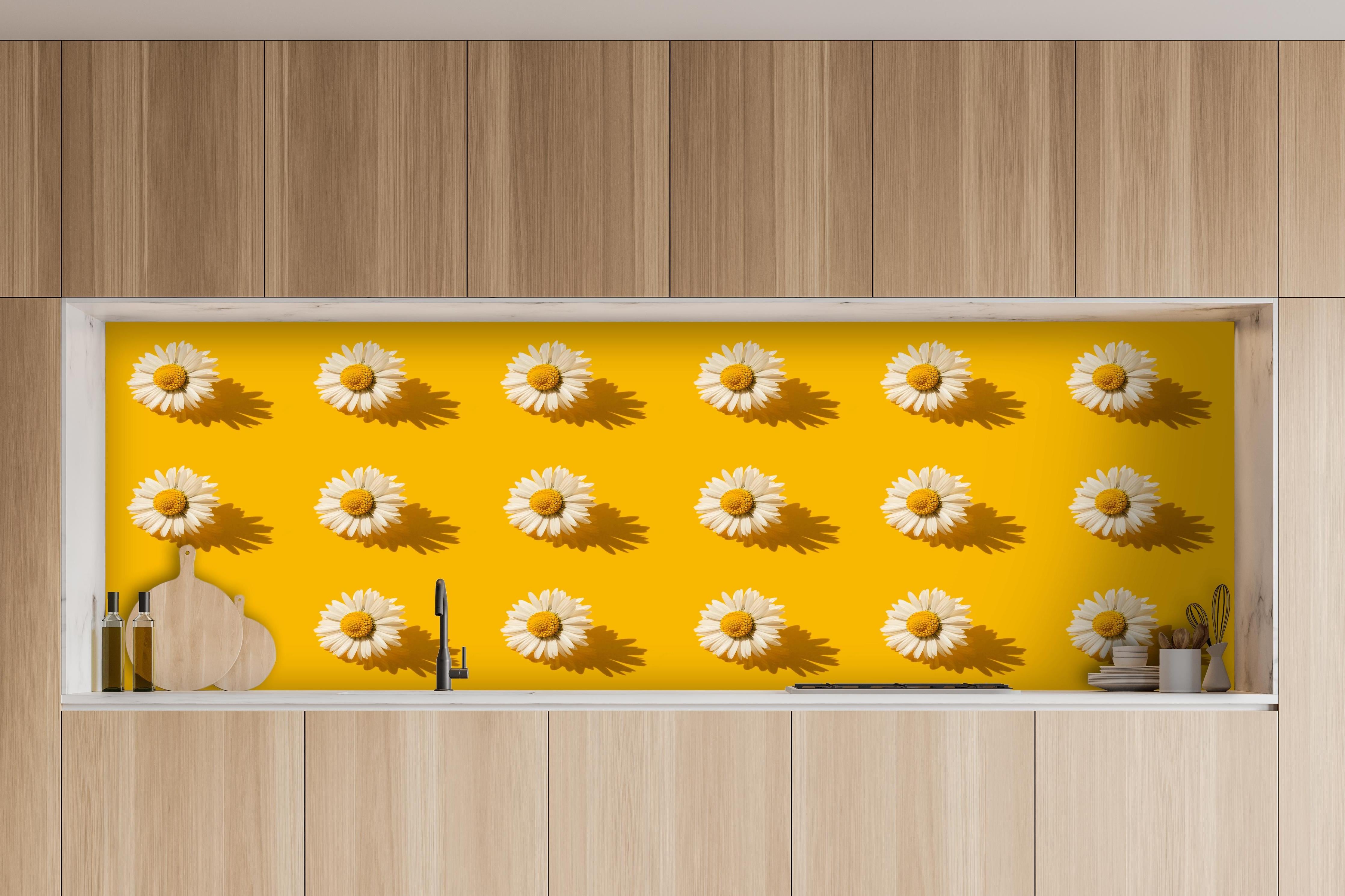Küche - Gänseblümchen Muster auf gelbem Hintergrund hinter weißen Hochglanz-Küchenregalen und schwarzem Wasserhahn