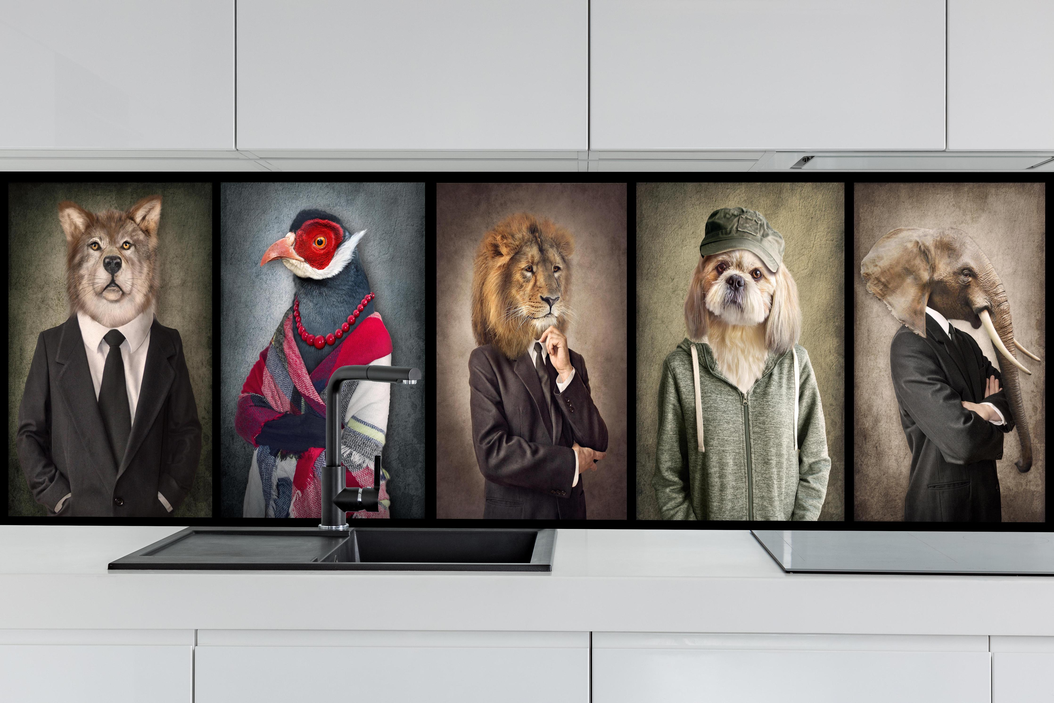 Küche - Gekleidete Tiere im Vintage-Stil Porträt hinter weißen Hochglanz-Küchenregalen und schwarzem Wasserhahn