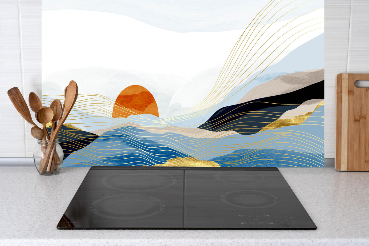 Küche - Geometrische Sonne und Wellen Illustration hinter weißen Hochglanz-Küchenregalen und schwarzem Wasserhahn