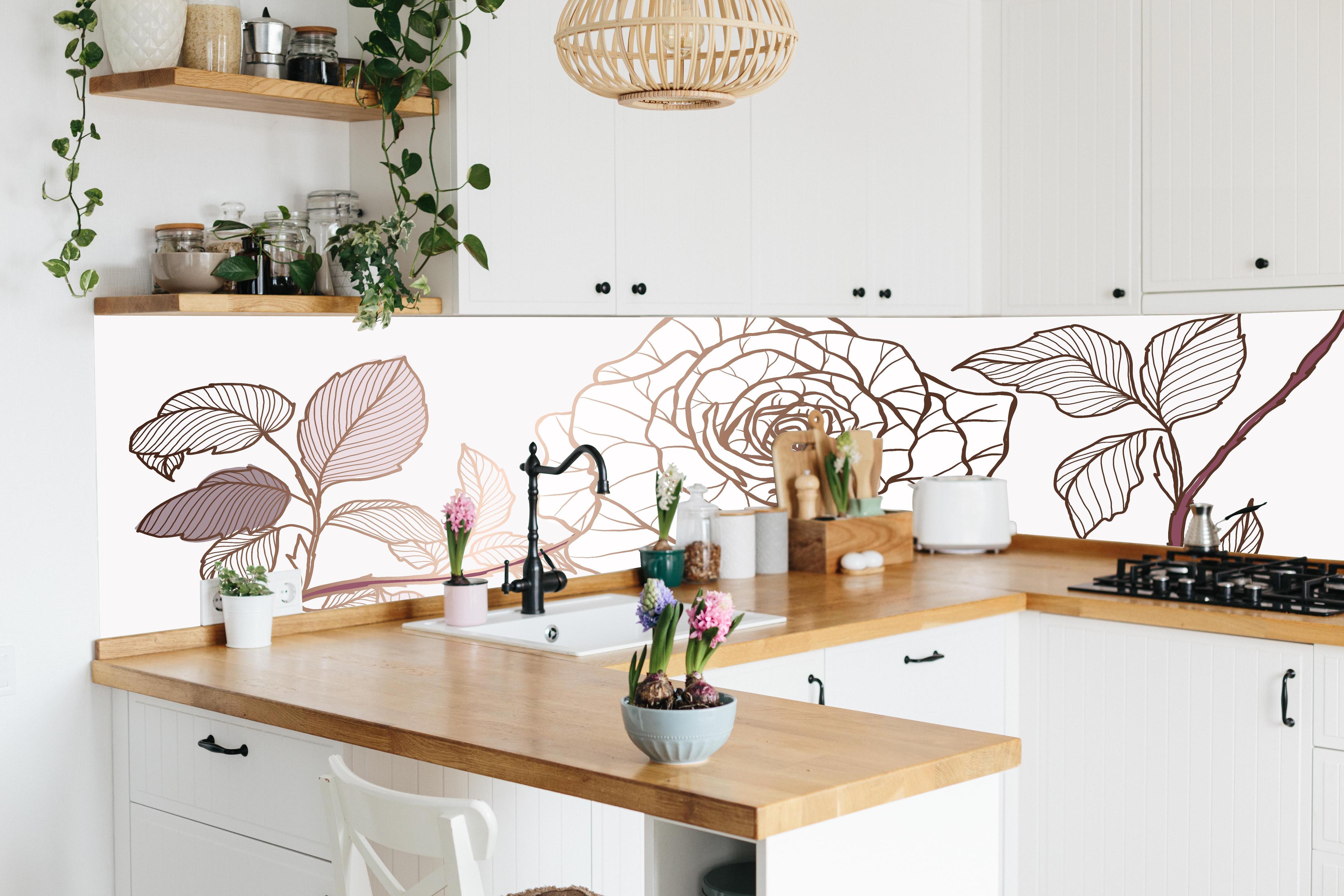 Küche - Gezeichnete Sepia Rose mit Linienkunst hinter weißen Hochglanz-Küchenregalen und schwarzem Wasserhahn