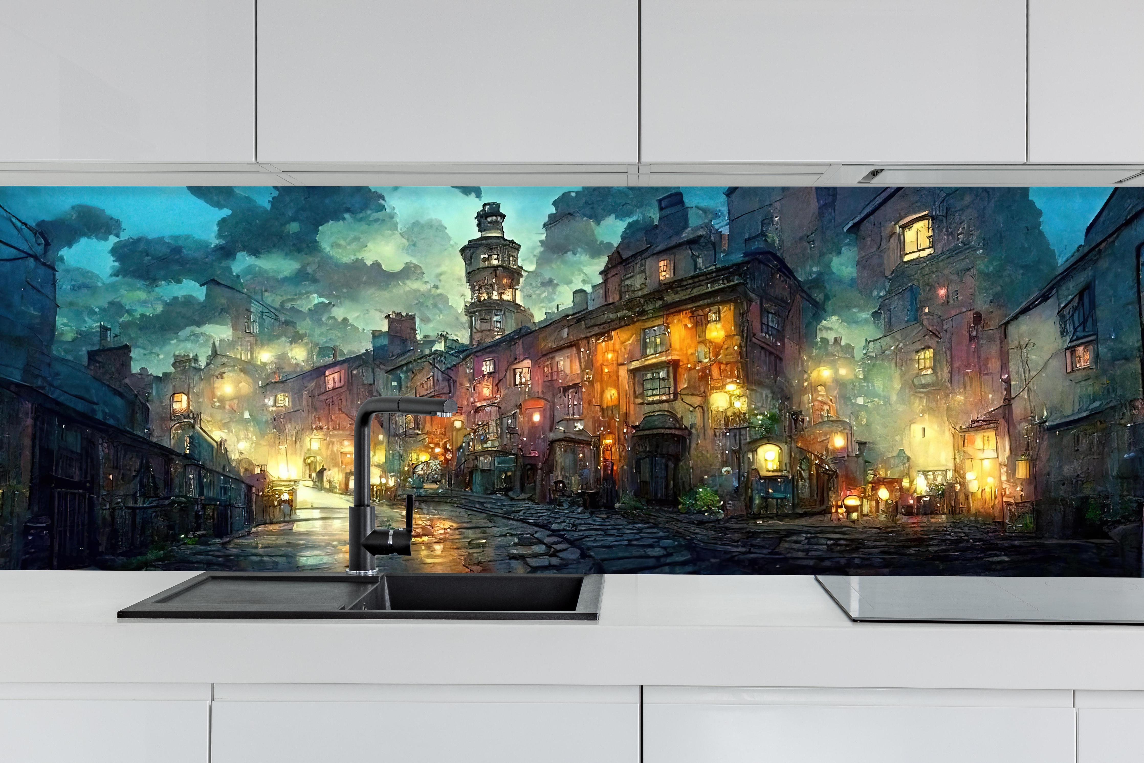 Küche - Gezeichnete Stadt hinter weißen Hochglanz-Küchenregalen und schwarzem Wasserhahn