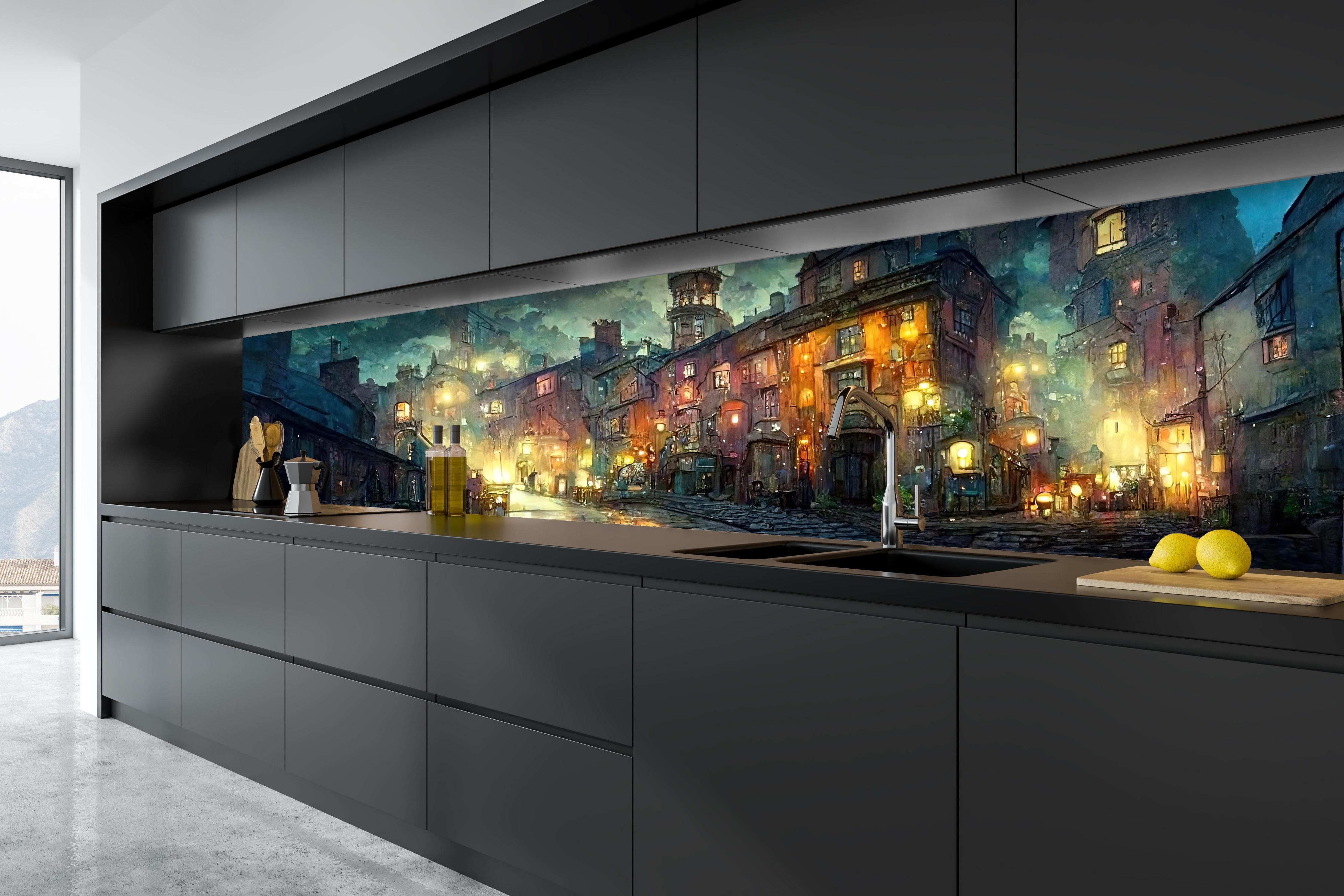 Küche - Gezeichnete Stadt hinter weißen Hochglanz-Küchenregalen und schwarzem Wasserhahn