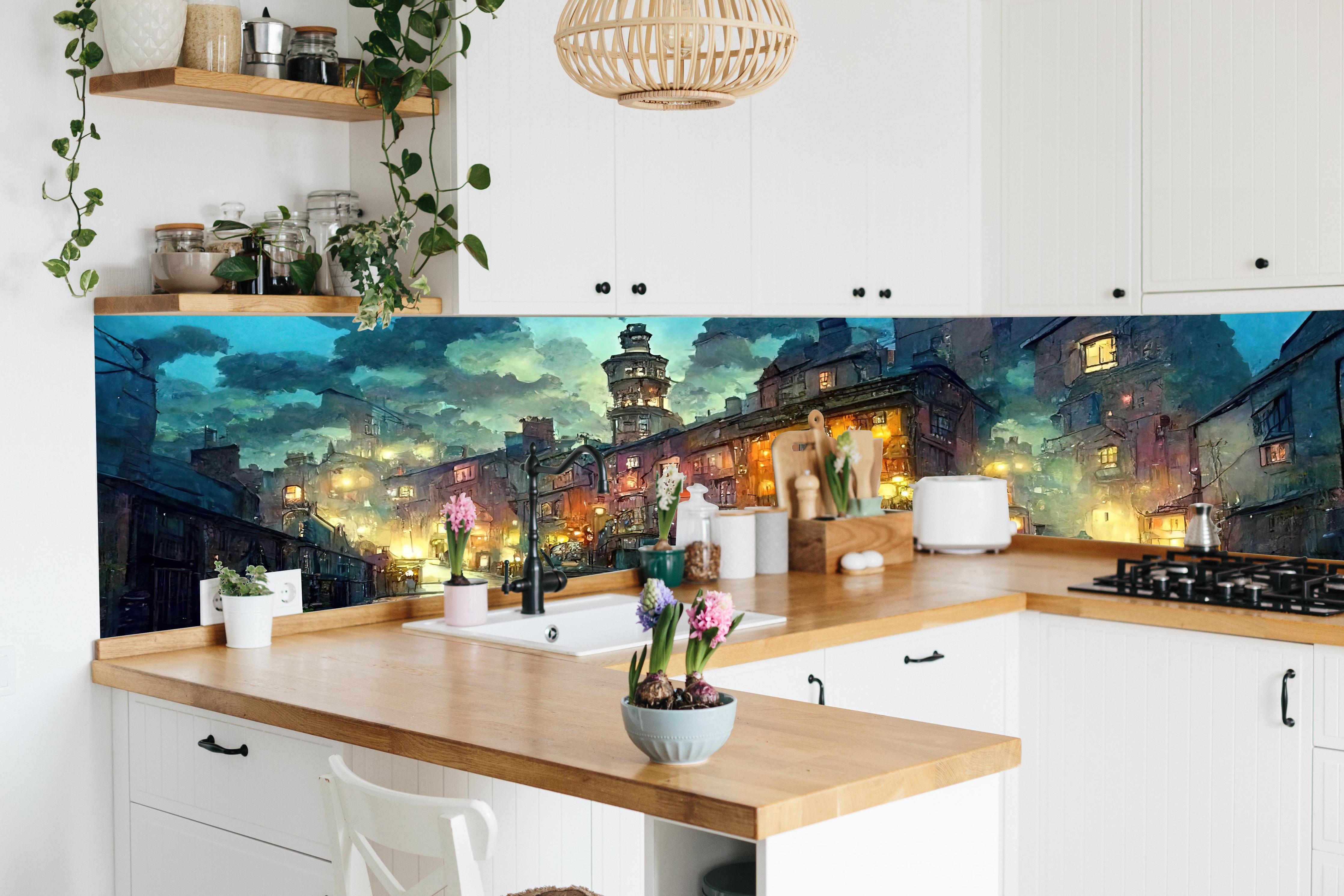 Küche - Gezeichnete Stadt hinter weißen Hochglanz-Küchenregalen und schwarzem Wasserhahn