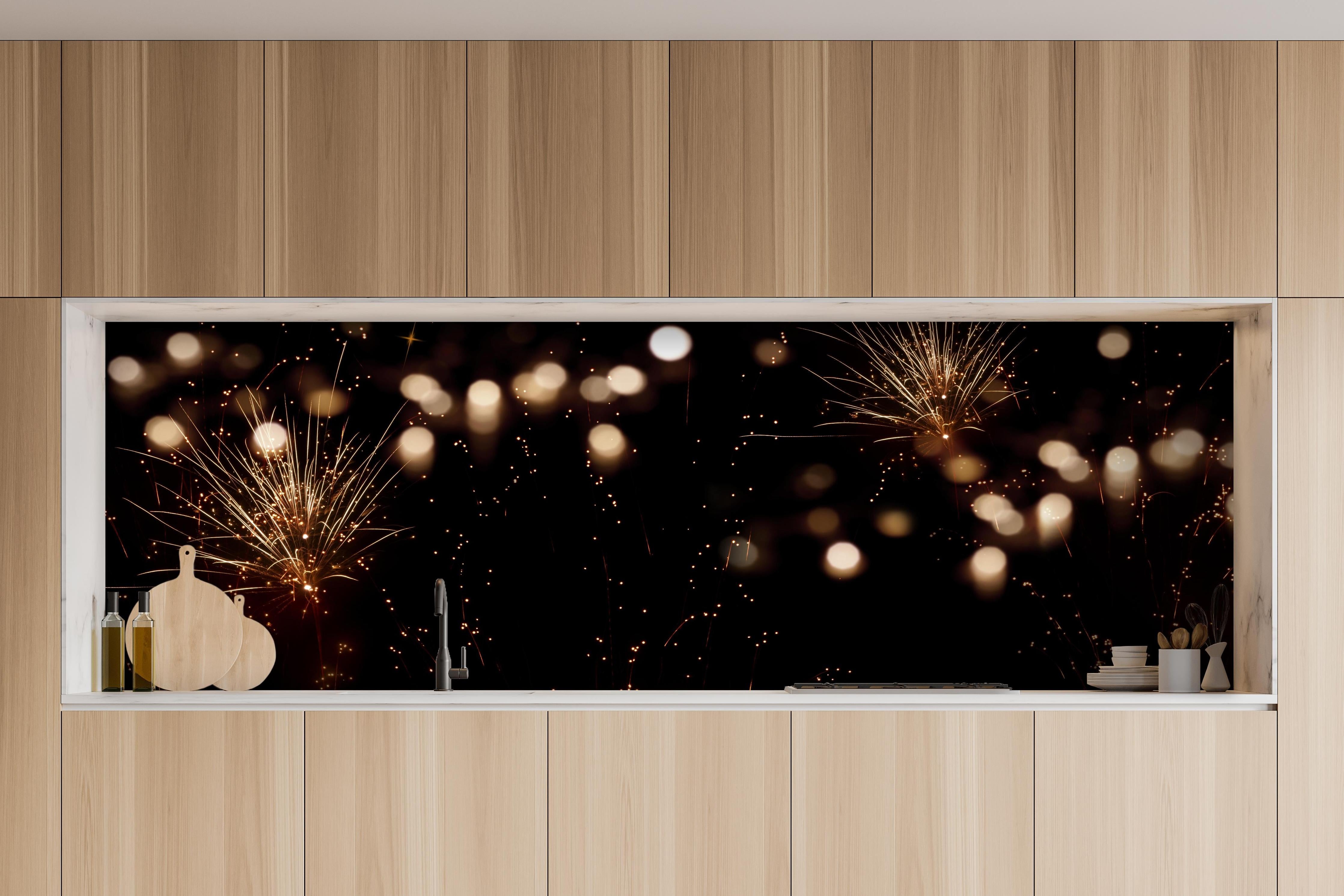 Küche - Goldenes Feuerwerk am Nachthimmel hinter weißen Hochglanz-Küchenregalen und schwarzem Wasserhahn