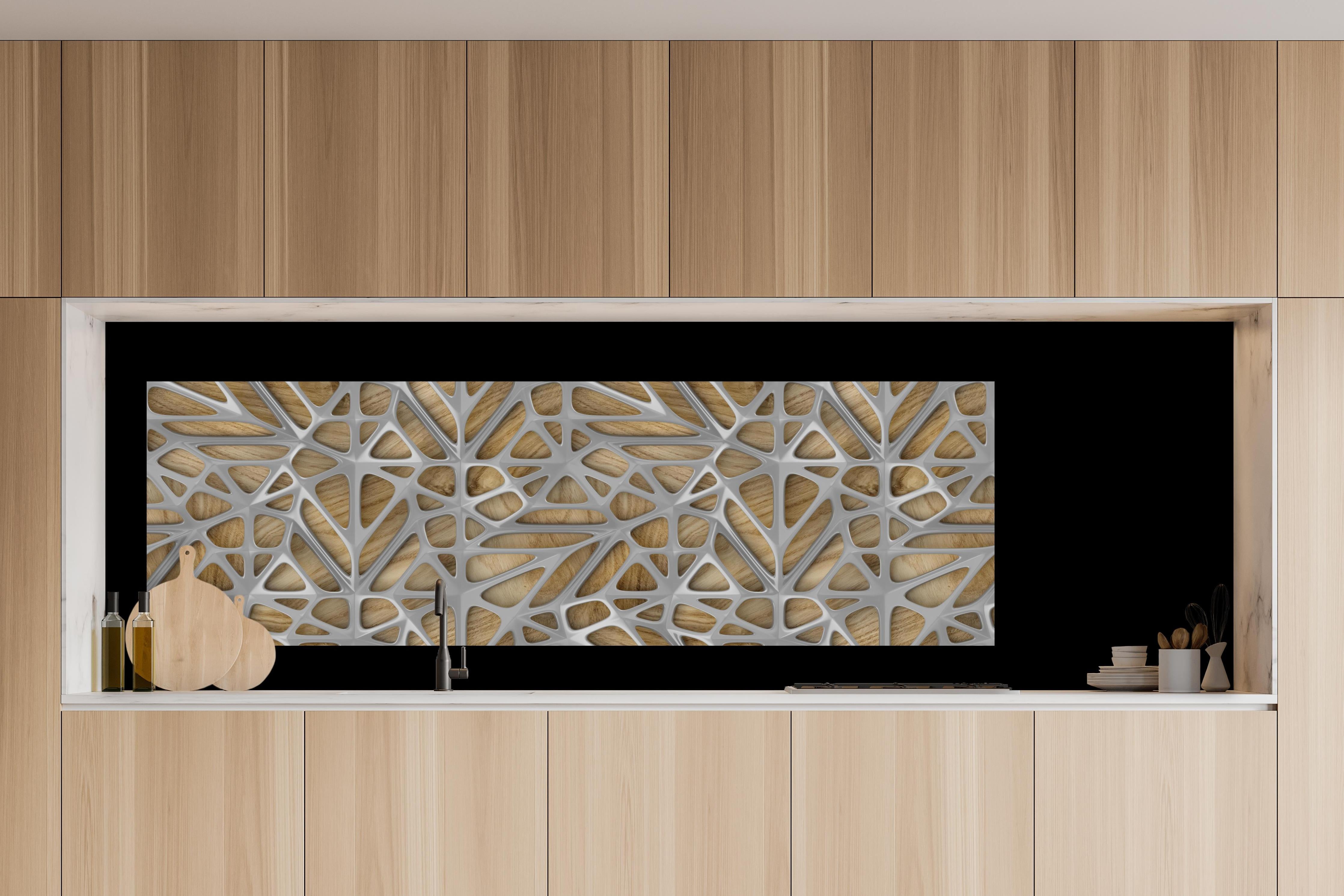 Küche - Gräuliches Gitter Muster hinter weißen Hochglanz-Küchenregalen und schwarzem Wasserhahn