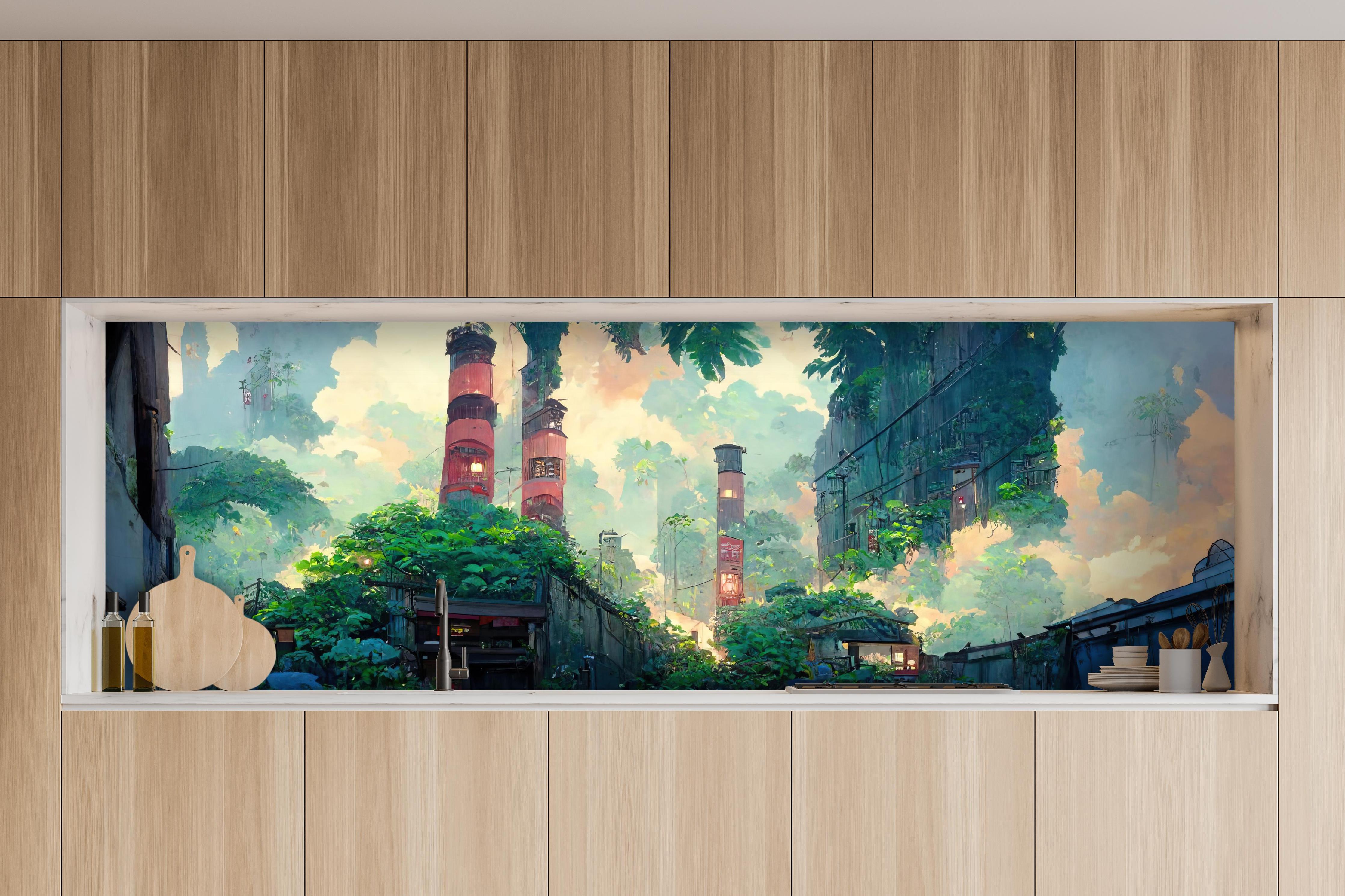 Küche - Graffiti in der Stadt hinter weißen Hochglanz-Küchenregalen und schwarzem Wasserhahn