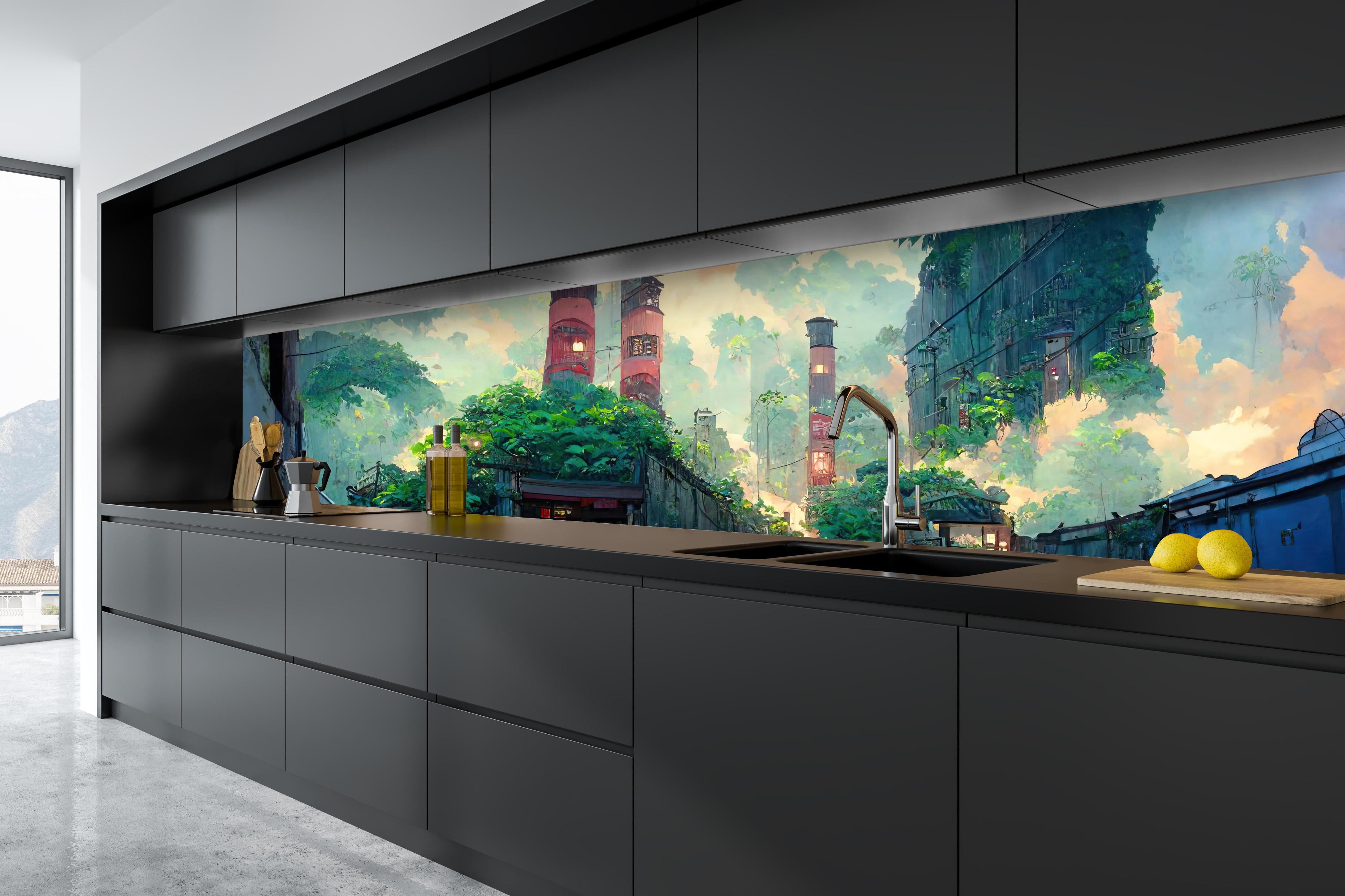 Küche - Graffiti in der Stadt hinter weißen Hochglanz-Küchenregalen und schwarzem Wasserhahn