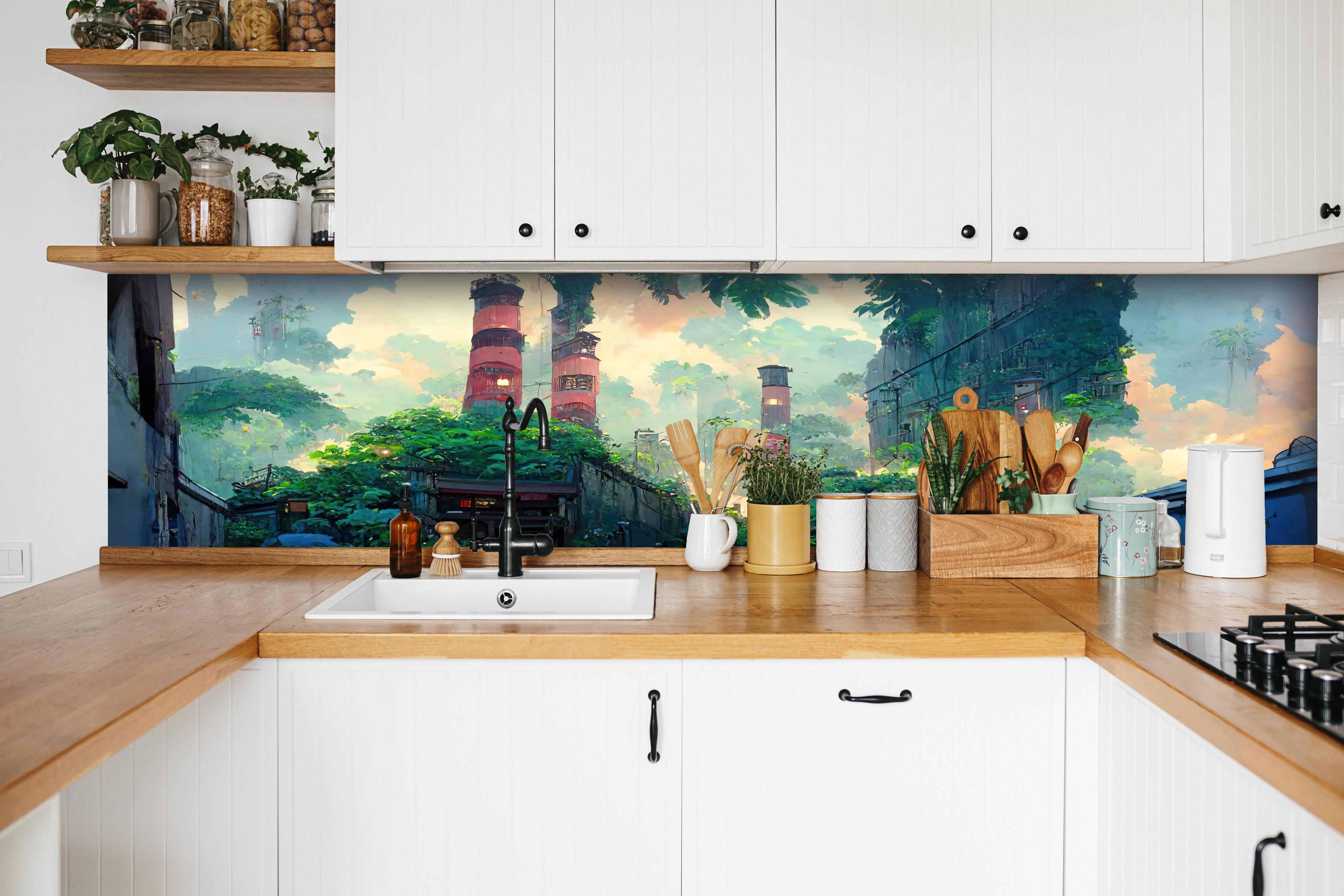 Küche - Graffiti in der Stadt hinter weißen Hochglanz-Küchenregalen und schwarzem Wasserhahn