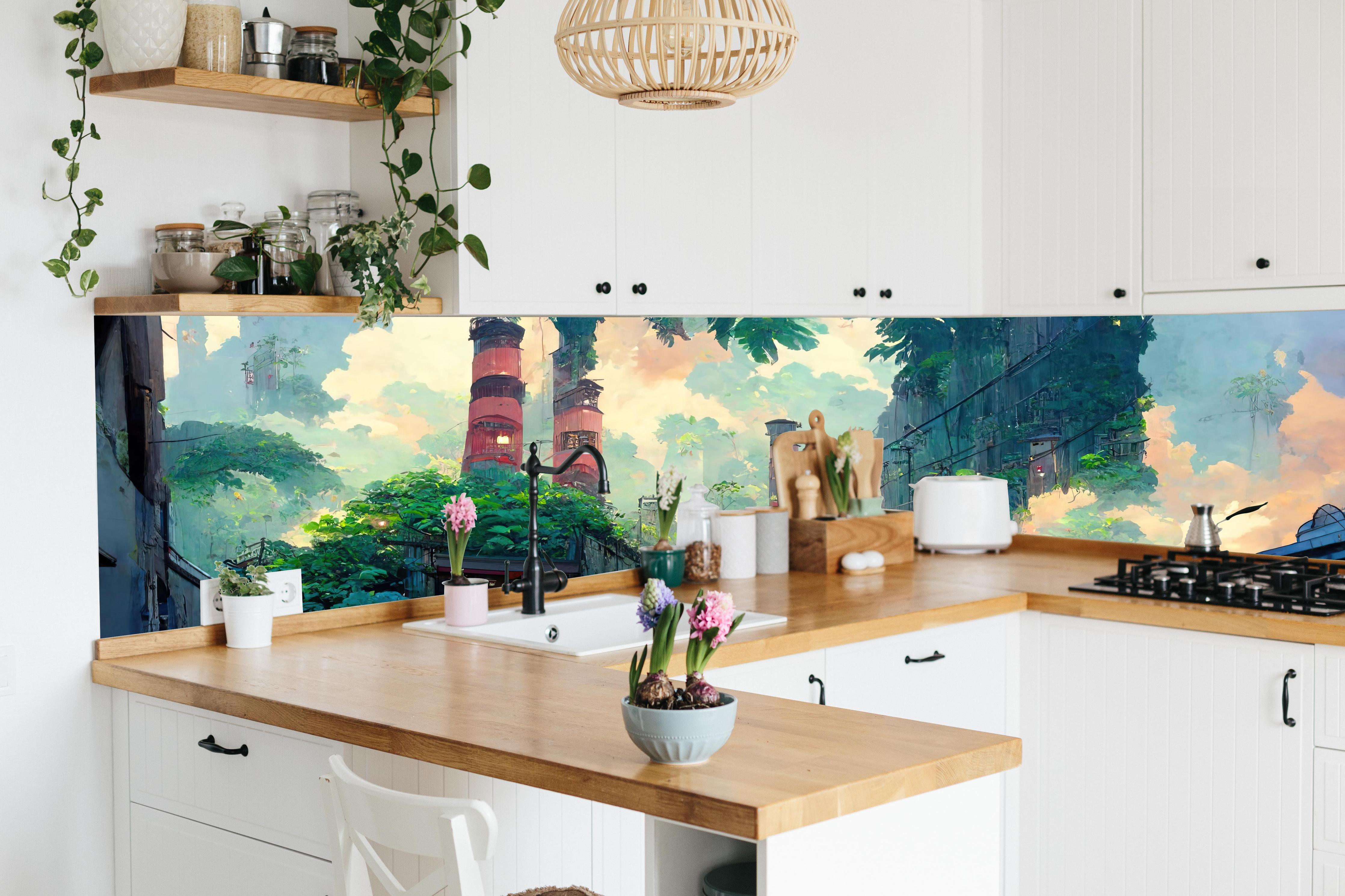 Küche - Graffiti in der Stadt hinter weißen Hochglanz-Küchenregalen und schwarzem Wasserhahn